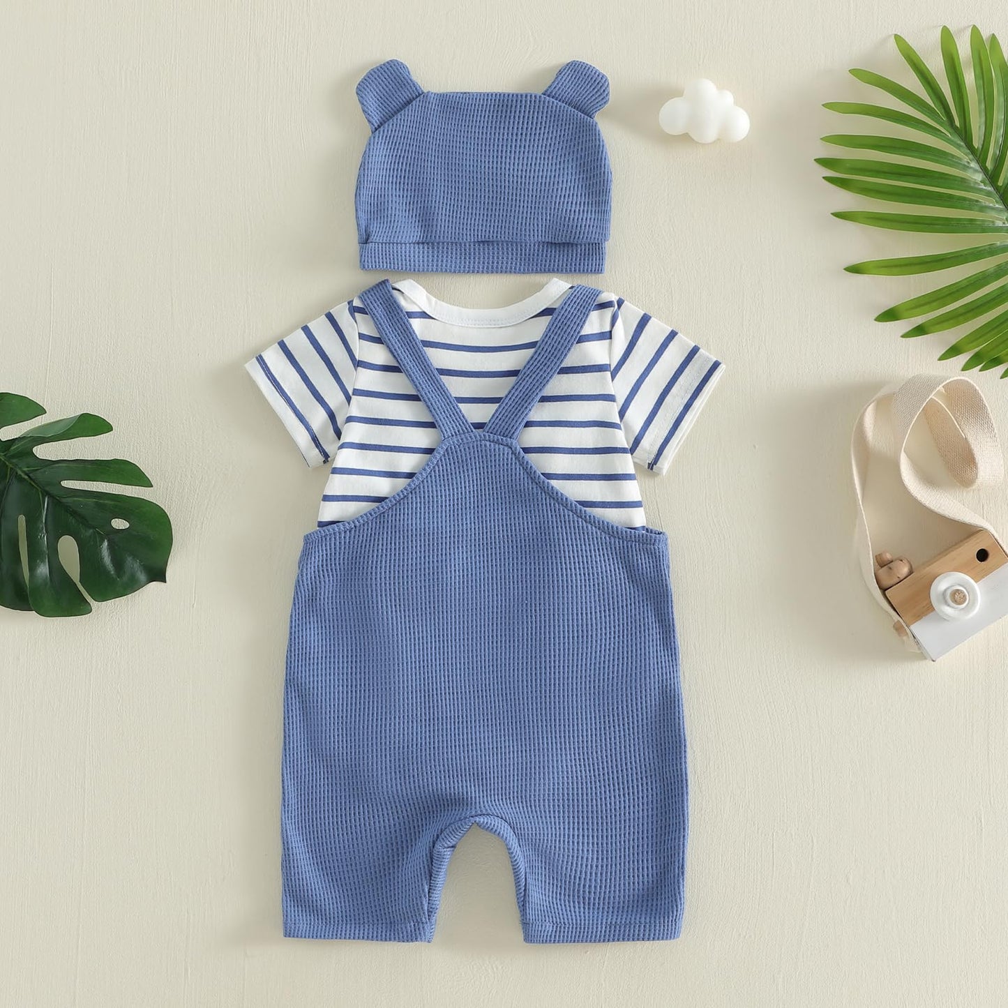 Vioyavo Newborn Baby Boy 3Pcs Summer Outfit Striped Short Sleeve Romper Top Elephant/Dinosaur Pattern Overall Pants Hat Clothes Set (Blue, 0-3 Months)