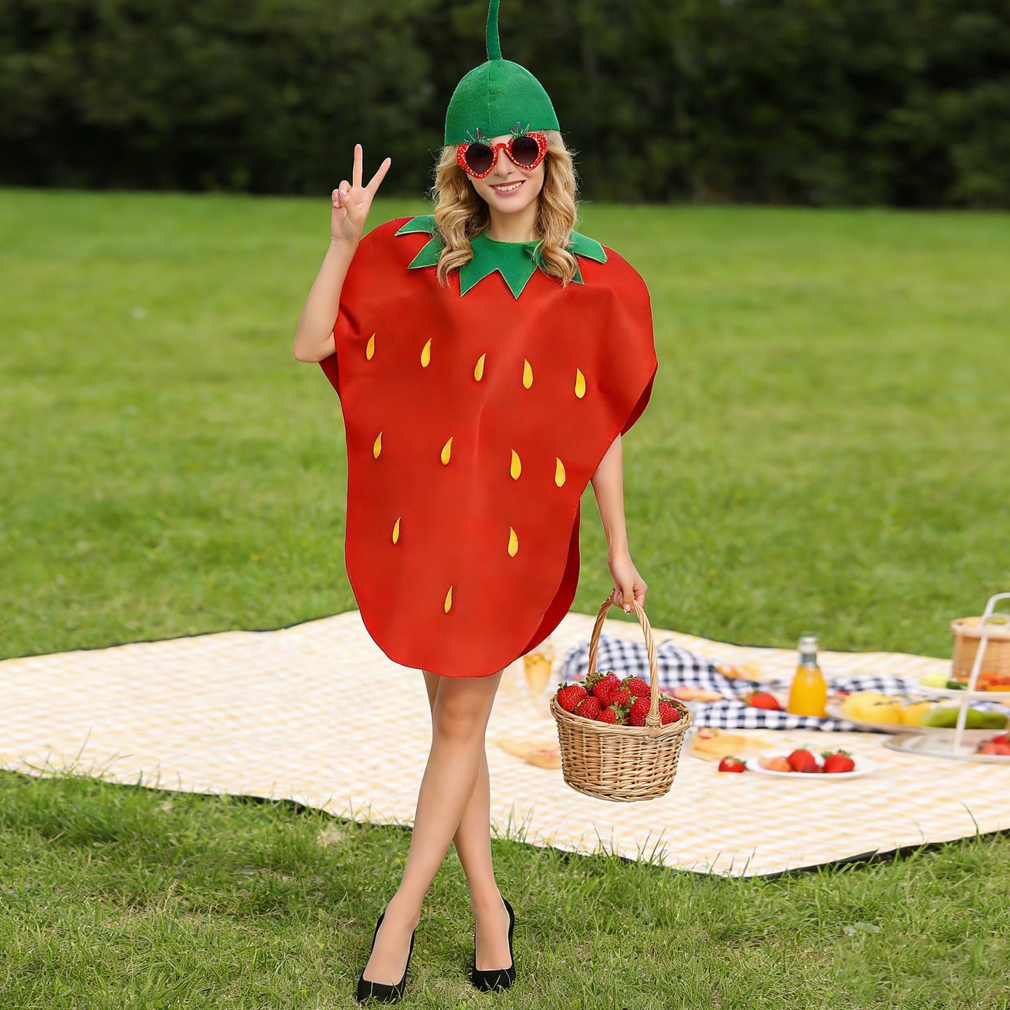 Strawberry Costume for Adults, Lightweight & Comfortable Funny Fruit Cosplay Outfit, Fancy Dress for Adult Fancy Dress Costumes - Hat, Dress & Glasses, for Halloween Themed Parties Cosplay Fun Events