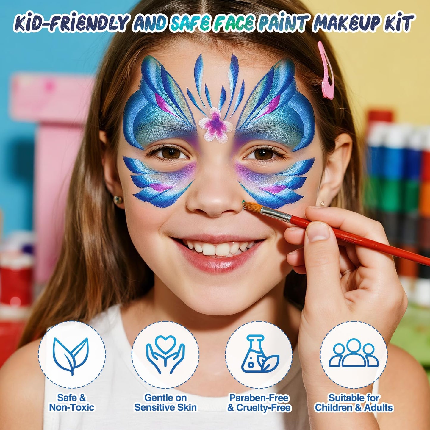 Face Painting Kit for Kids, 42 Colors Professional Face Paint Kit, Body Paint Set with Stencils, Brush, Gems, for Carnival, Halloween, Costume Makeup, Children's Day, Parent-Child Companionship Gifts