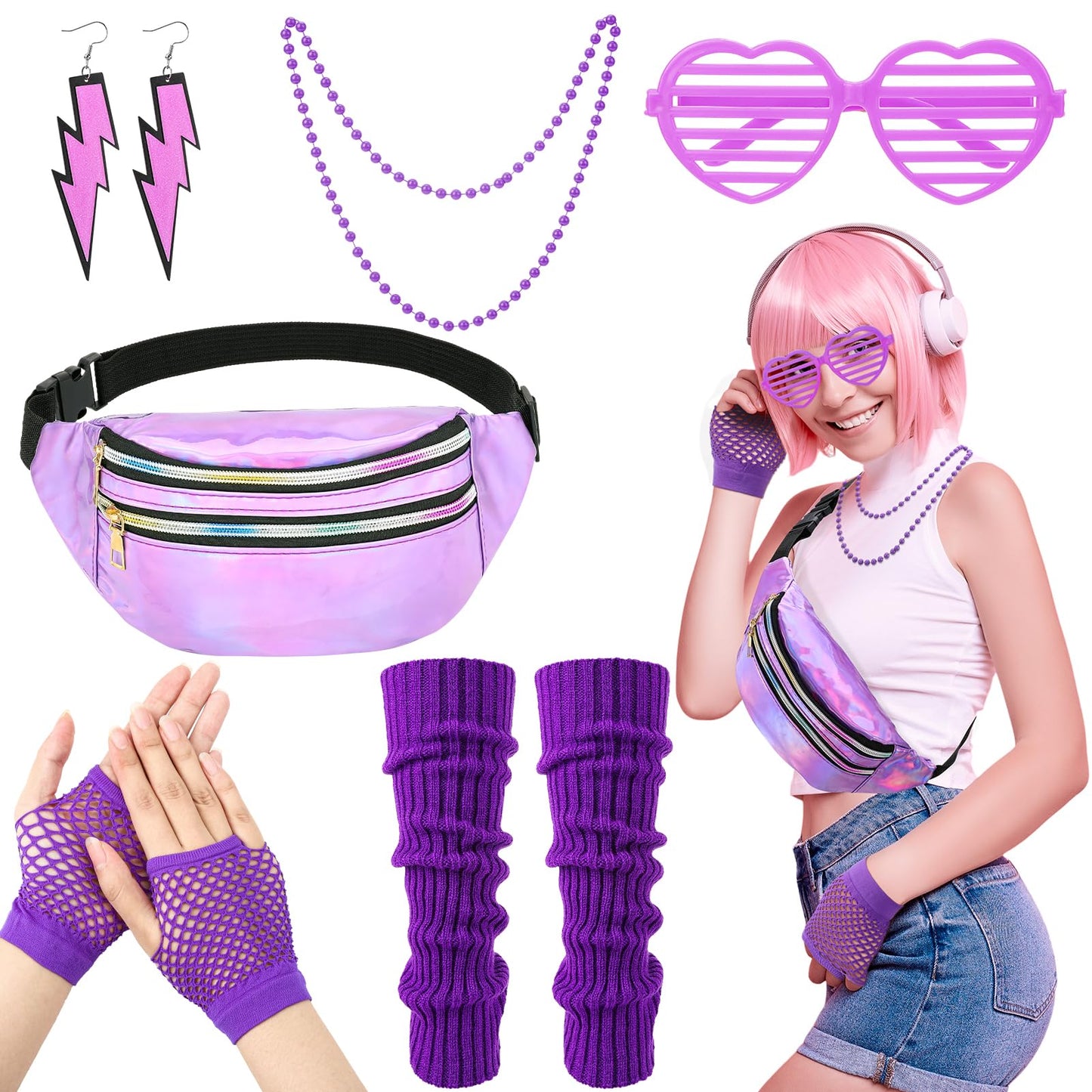 ViEinkaufen 80s Fancy Dress for women, 90s Fancy Dress Costumes Set Waist Bag Neon Leg Warmers Fishnet Gloves Sunglasses Earrings Necklace Neon Party Accessories