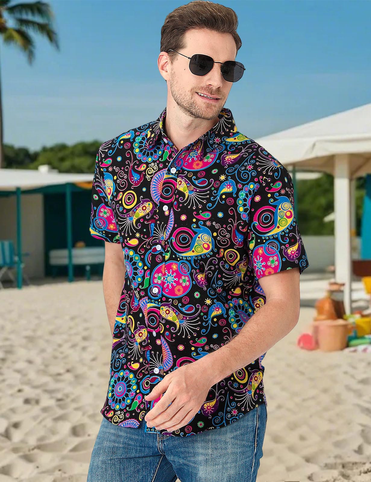 COSAVOROCK Mens 70s Hippie Shirt Hippy Fancy Dress Ugly Funky Casual Hawaiian Shirts L