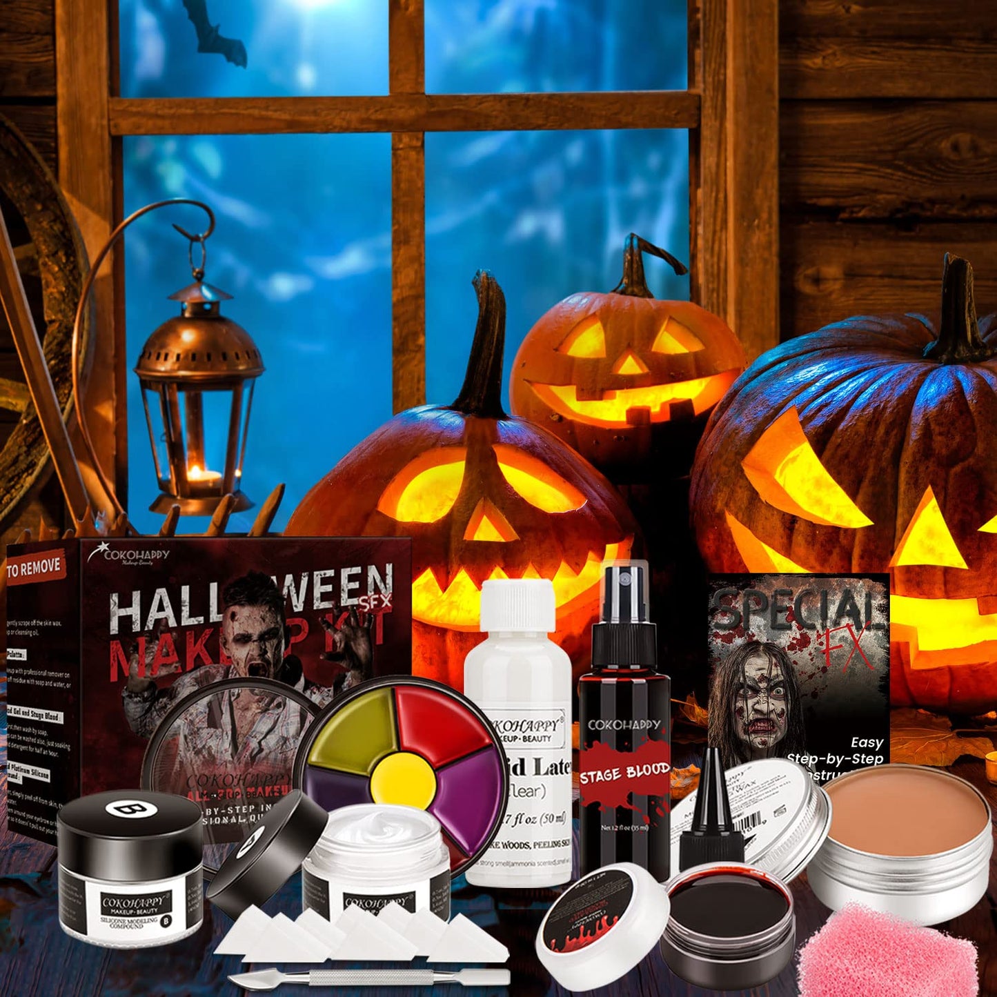 Halloween Makeup Kit SFX Makeup Kit, Spray Fake Blood Kit, Liquid Latex, Scar Wax, Silicone Modeling Compound, 6 Colors Bruise Face Body Paint for Zombie Monster Vampire