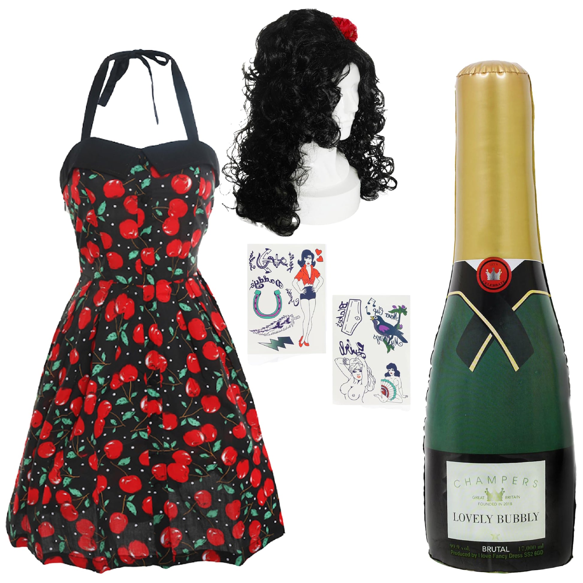 Diva Fancy Dress Set - Cherry Halter Dress - Curly Wig - Inflatable