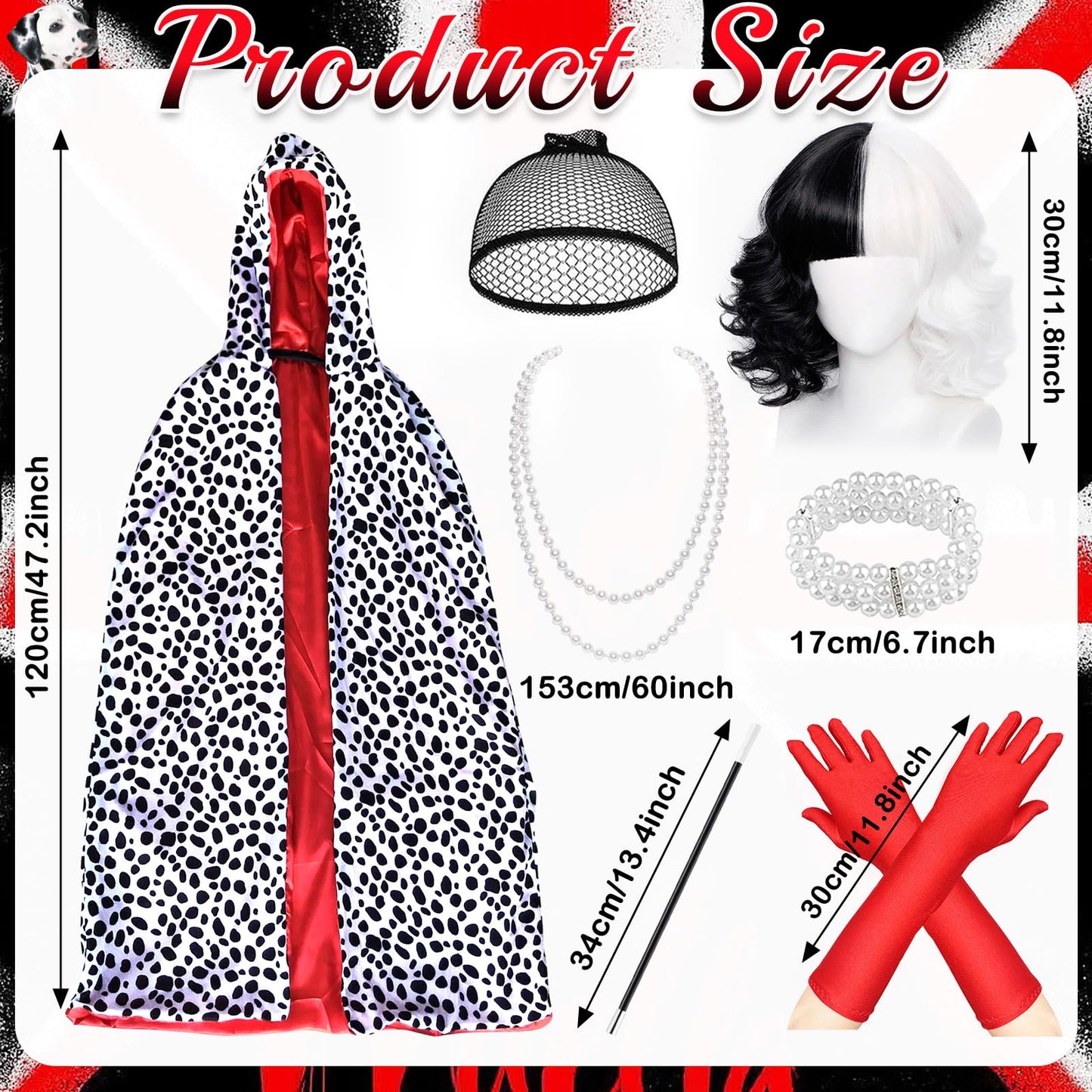 UxClishe 7 Pcs Cruella Costume Accessories Set, Cruella Fancy Dress Kit with Cape Gloves Wig for World Book Day
