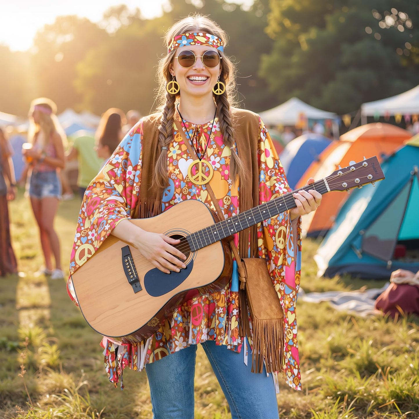iZoeL 70s Hippie Costumes Women Ladies 1980 Hippie Wigs Boho 70s Costume 80s Accessories 60s Retro Festival Outfit - Sunglasses Peace Necklace Headband- Rock Retro Disco Fancy Dress