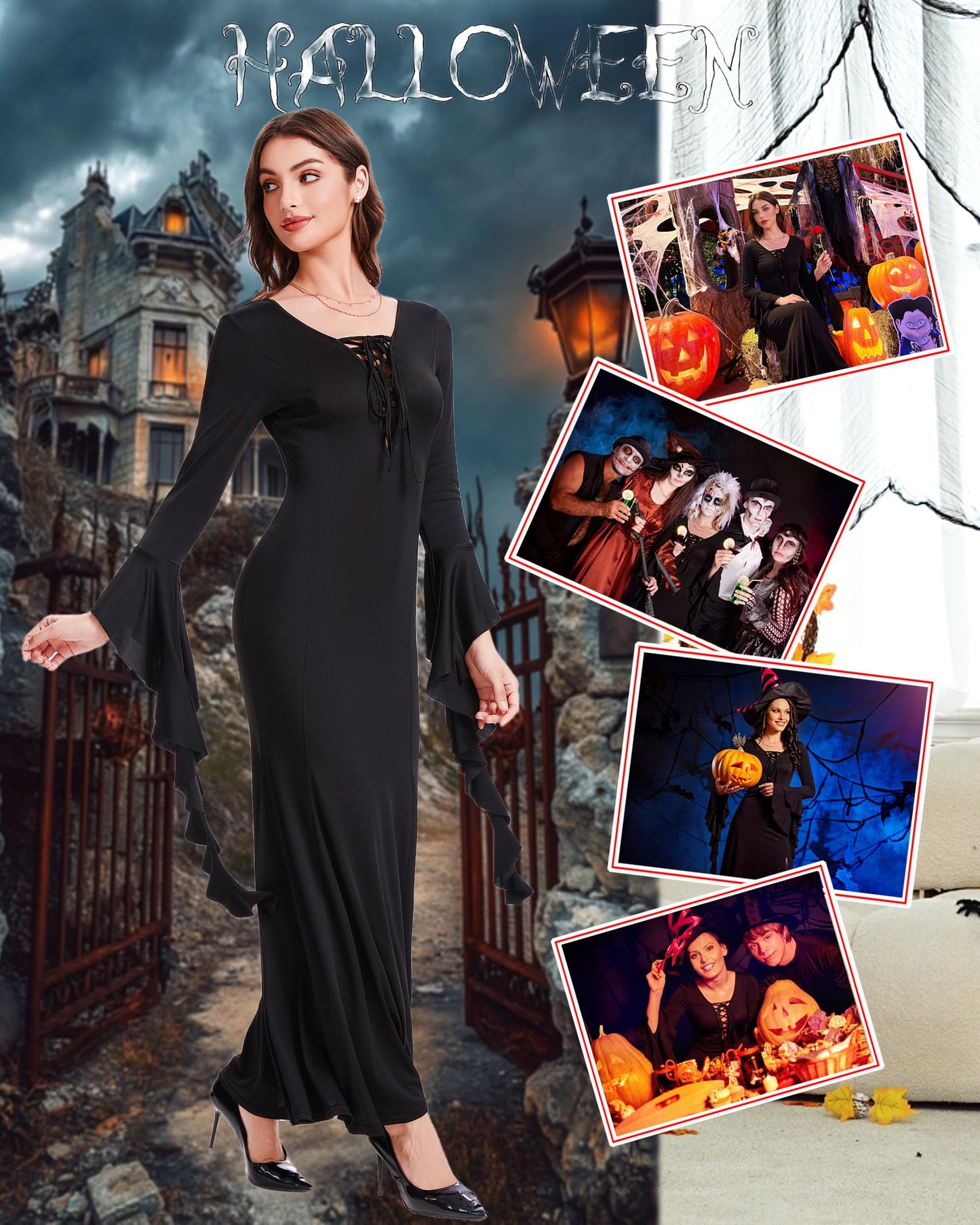 Womens Gothic Maxi Dress Long Sleeve Black Witch Costume Lace Up