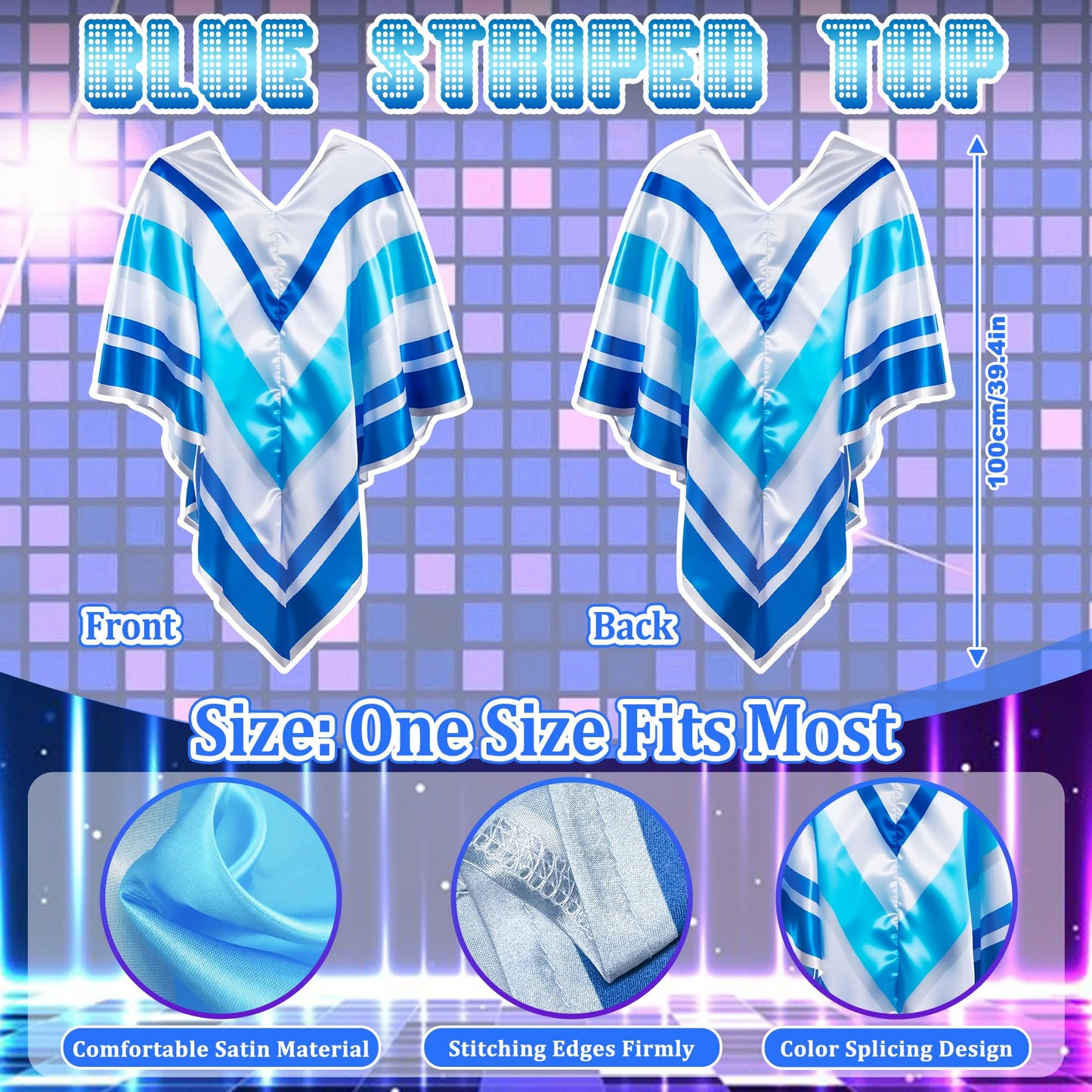 Bryndo 5 Pcs 70s Fancy Dress Set for Women, Disco Costume Accessories with Pop Poncho Sequin Beret Hat Square Bling Sunglasses Earrings Necklace for 70s Theme Party Dress Up (Blue)