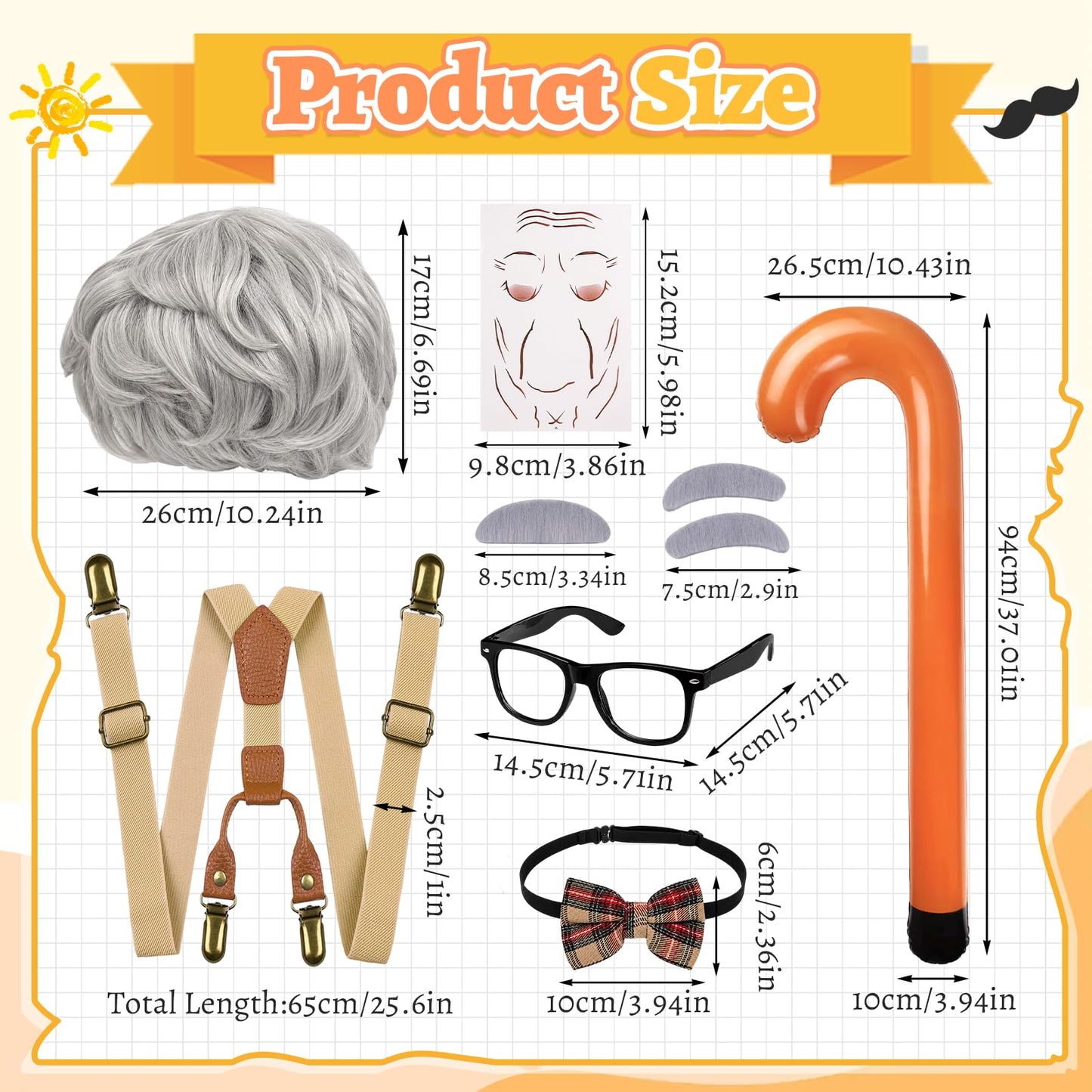 GLGHMH 9PCS Old Man Costume Set Grandad Fancy Dress Disguise for Adults Halloween Cosplay