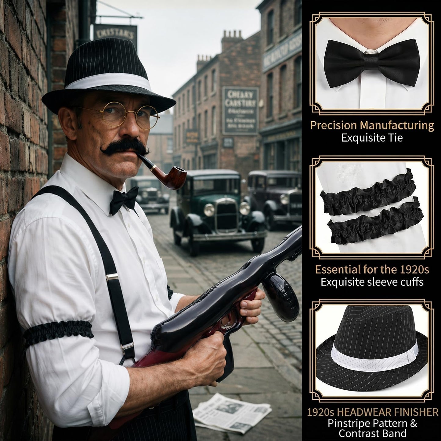 1920s Accessories for Men, Great Gatsby Fancy Dress Set with Fedora Hat Suspenders Bow Tie Fake Beards Glasses Inflatable Gun Folding Cane for Roaring 20s Gangster Costume for Party (Black Stripes)