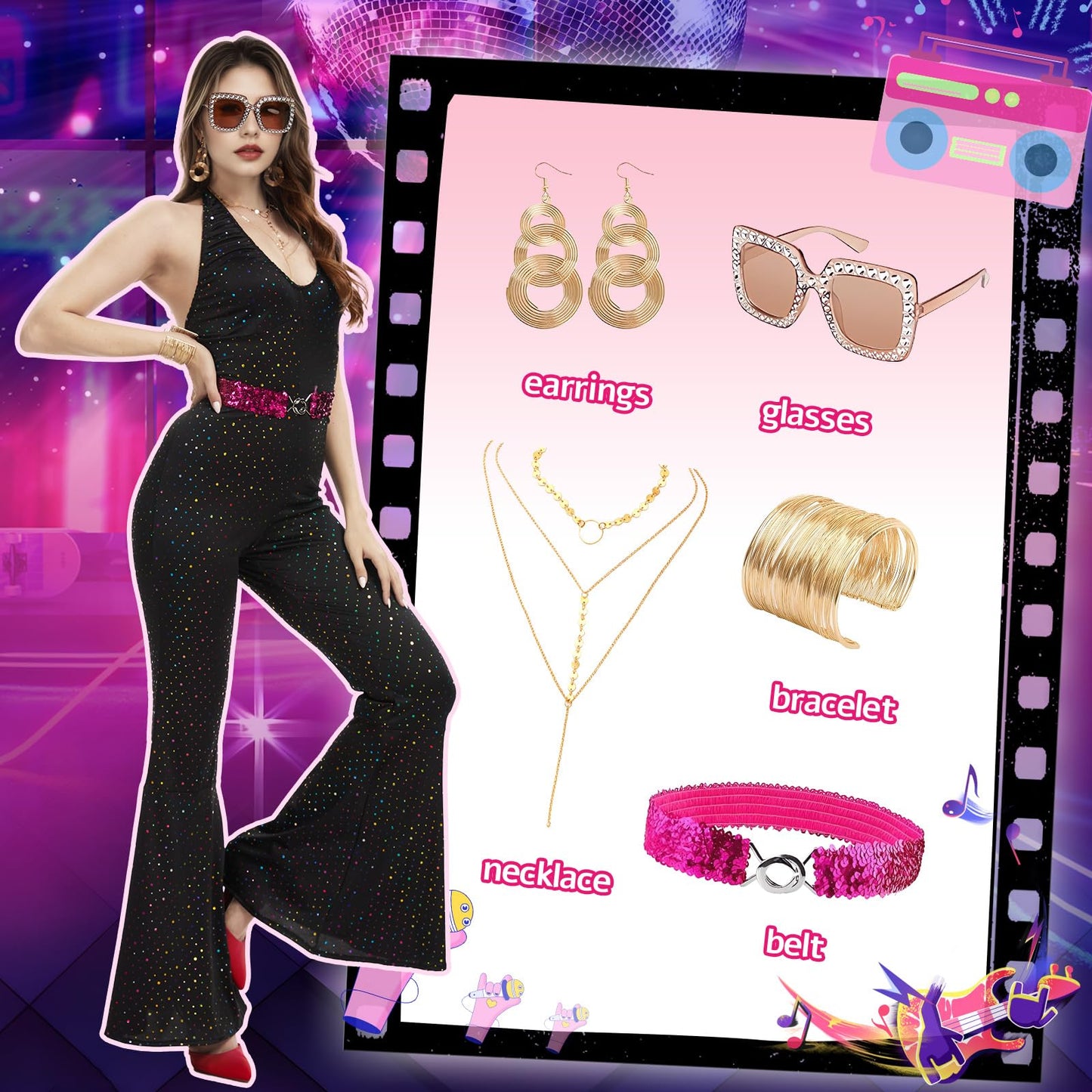 70s Disco Costume for Women - 70s Sequin Jumpsuit - Disco Accessory (image 3)