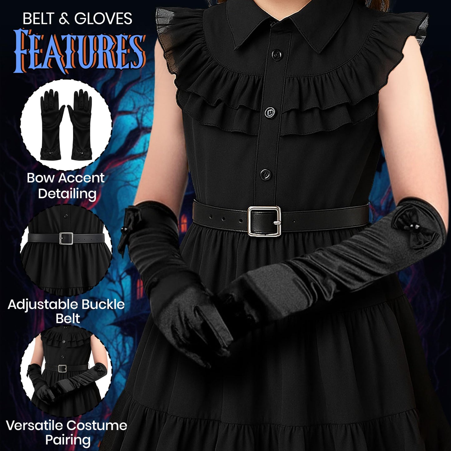 8pc Gothic School Girl Halloween Costume Kids with Gothic Dress and Belt, Kids Black Plaited Wig, Black Gloves, Knee High Socks and Fancy Dress Jewellery - Halloween Costumes for Girls (7-9 Years)