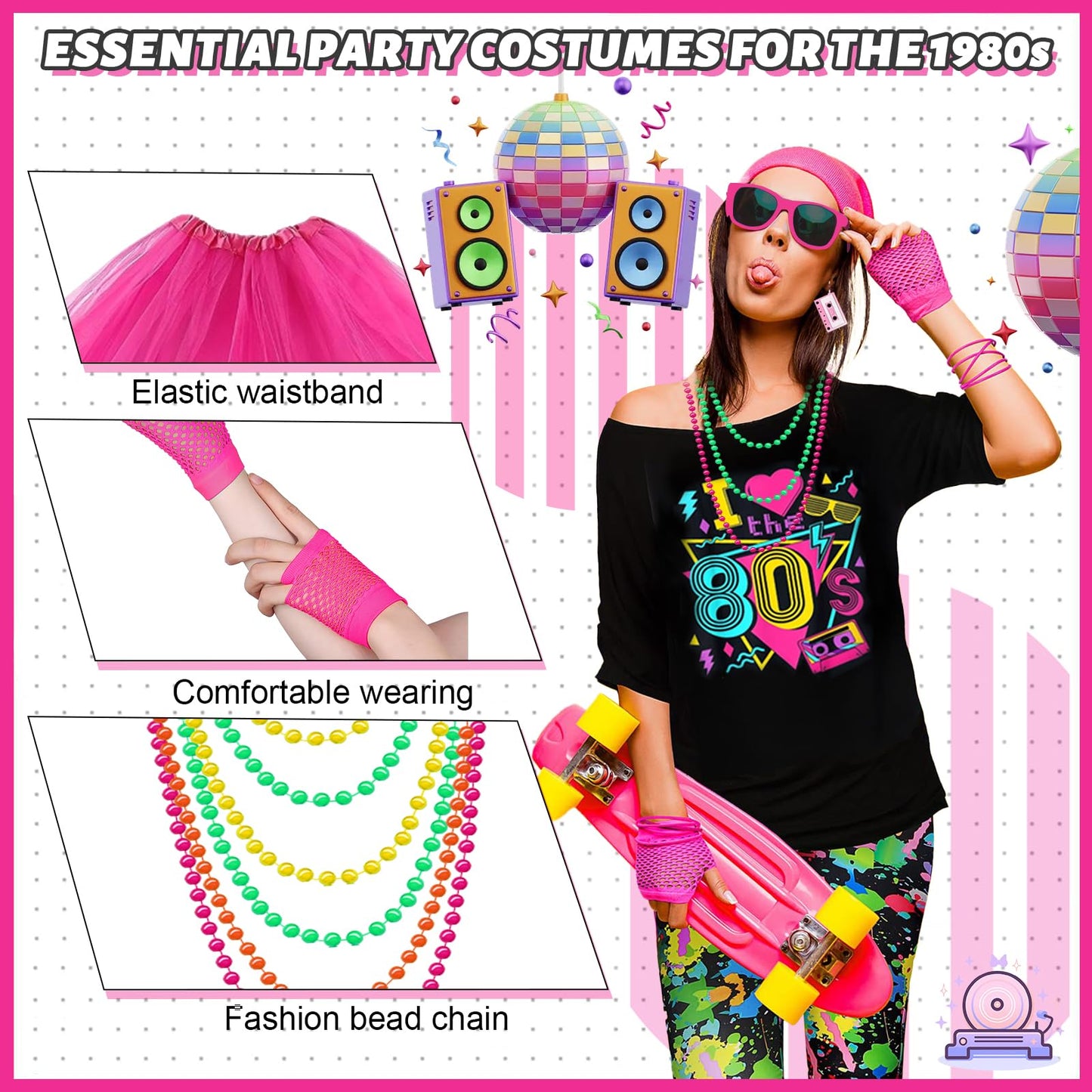 80s Fancy Dress Accessories for Women, Including T-Shirt Tutu Skirt Bumbag Leg Warmers Gloves Glasses Headband Earrings Necklace Bracelets 1980s Costume Outfits for Ladies Girls Hen Party