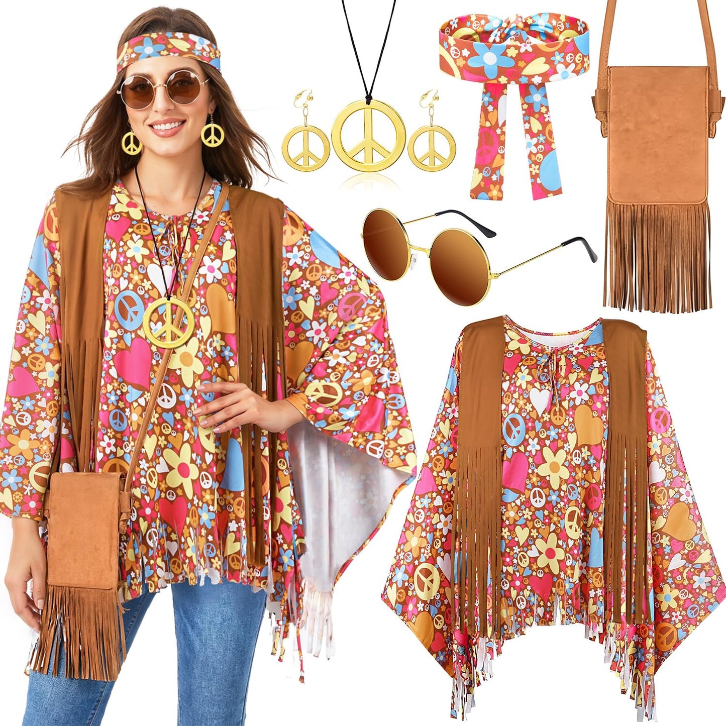 iZoeL 70s Hippie Costumes Women Ladies 1980 Hippie Wigs Boho 70s Costume 80s Accessories 60s Retro Festival Outfit - Sunglasses Peace Necklace Headband- Rock Retro Disco Fancy Dress