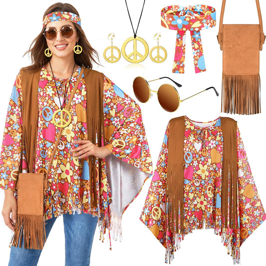 70s hippie costume with boho headband and peace necklace accessories