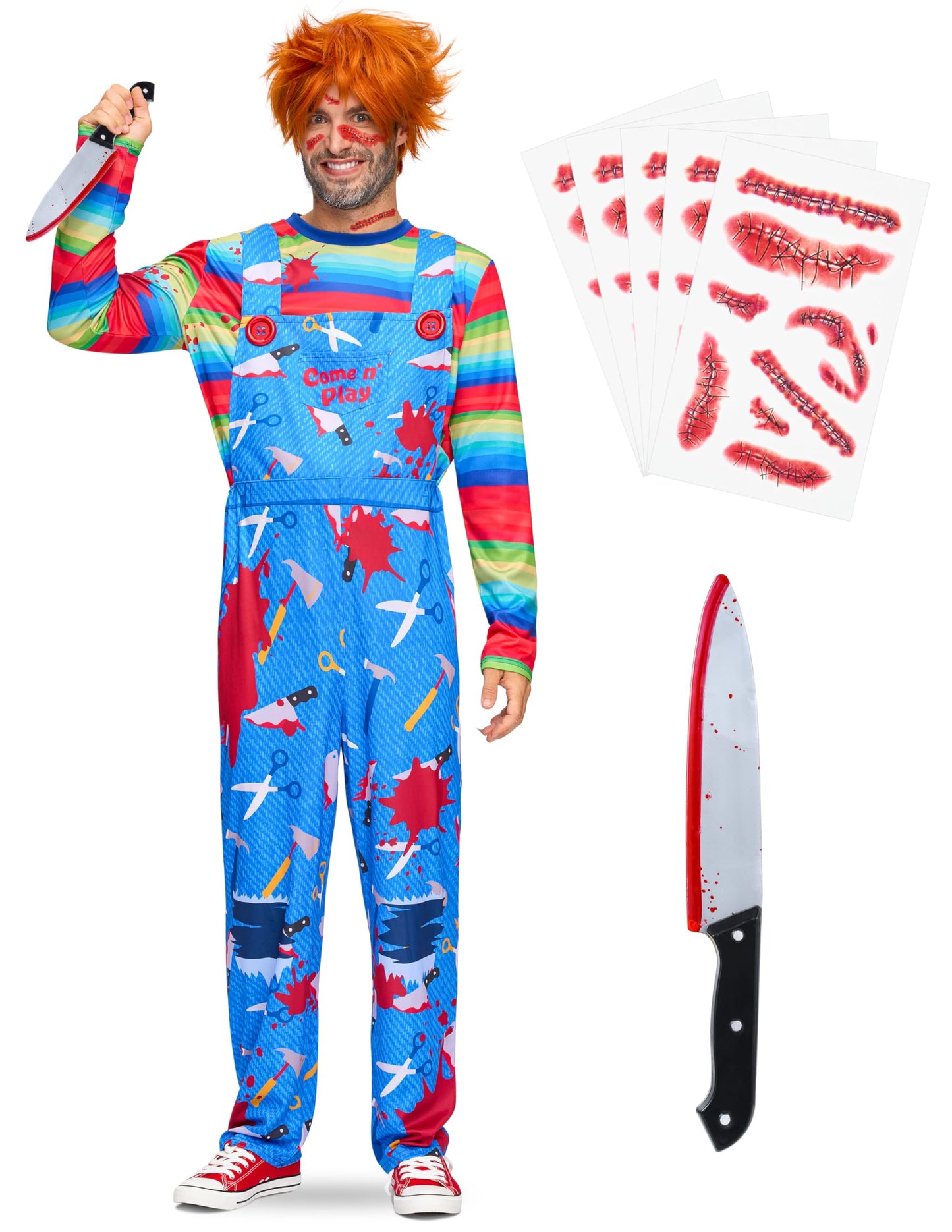 Spooktacular Creations Men Creepy Doll Costume, Horrible TV-Series Serial Killer Costume with Top and lederhosen for Horror Halloween Costumes Role Play-M