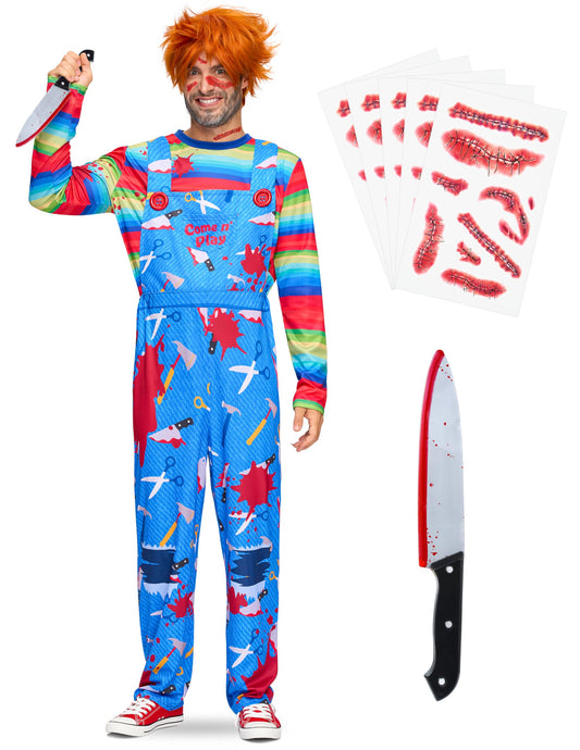 Spooktacular Creations Men Creepy Doll Costume, Horrible TV-Series Serial Killer Costume with Top and lederhosen for Horror Halloween Costumes Role Play-M