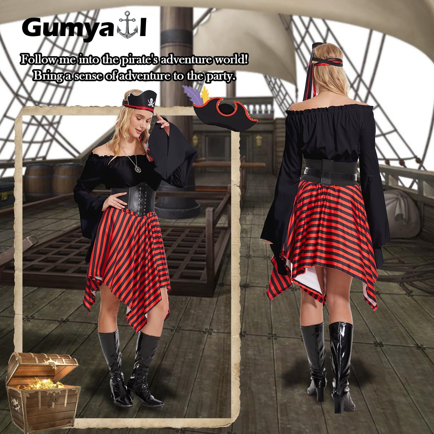 Pirate Costume for Adult Women with Waist Belt - Headscarf - Eye (image 5)