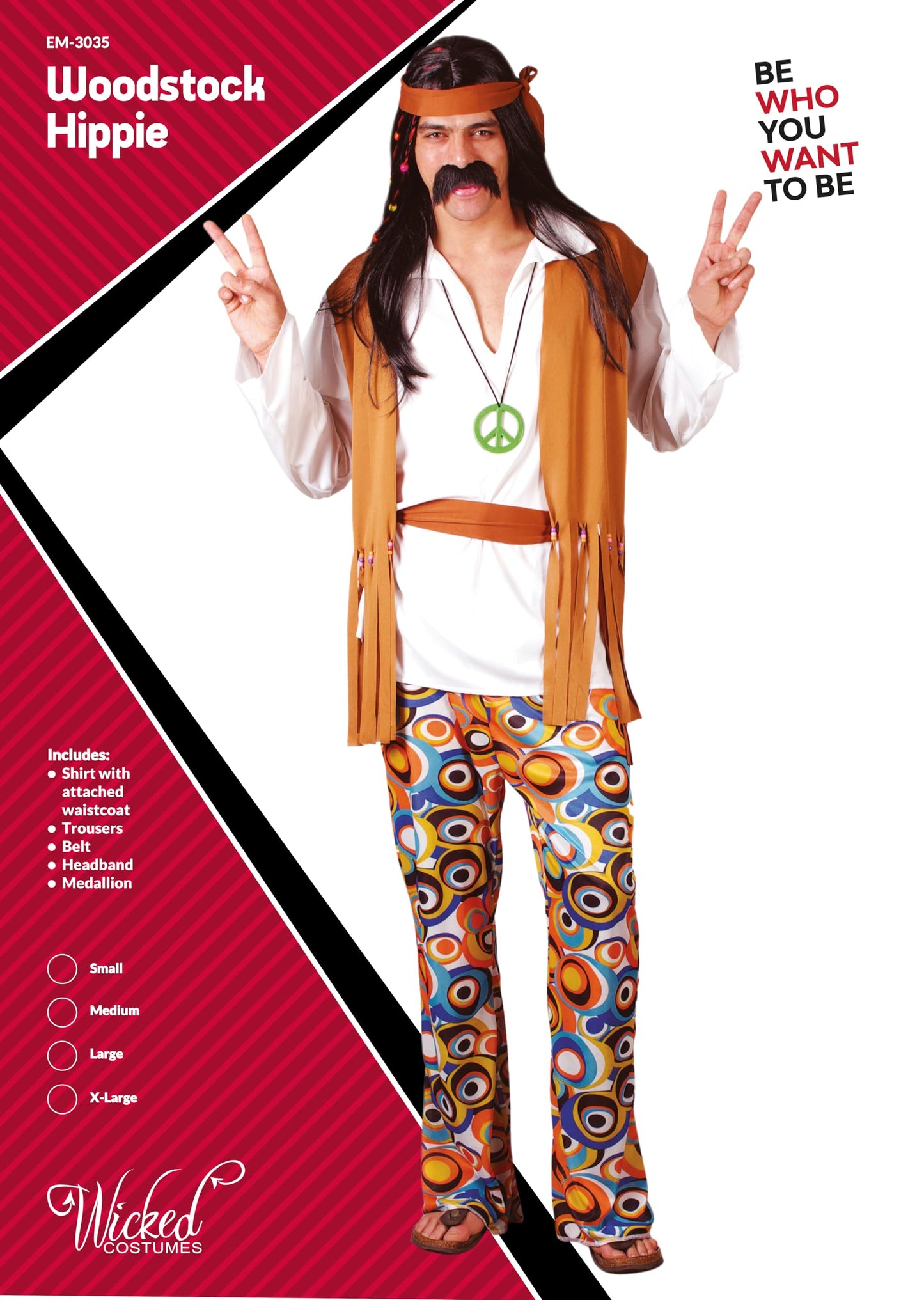 Wicked Costumes Mens 60s 70s Hippie Fancy Dress Costume – Woodstock Festival Retro Party Outfit - Large