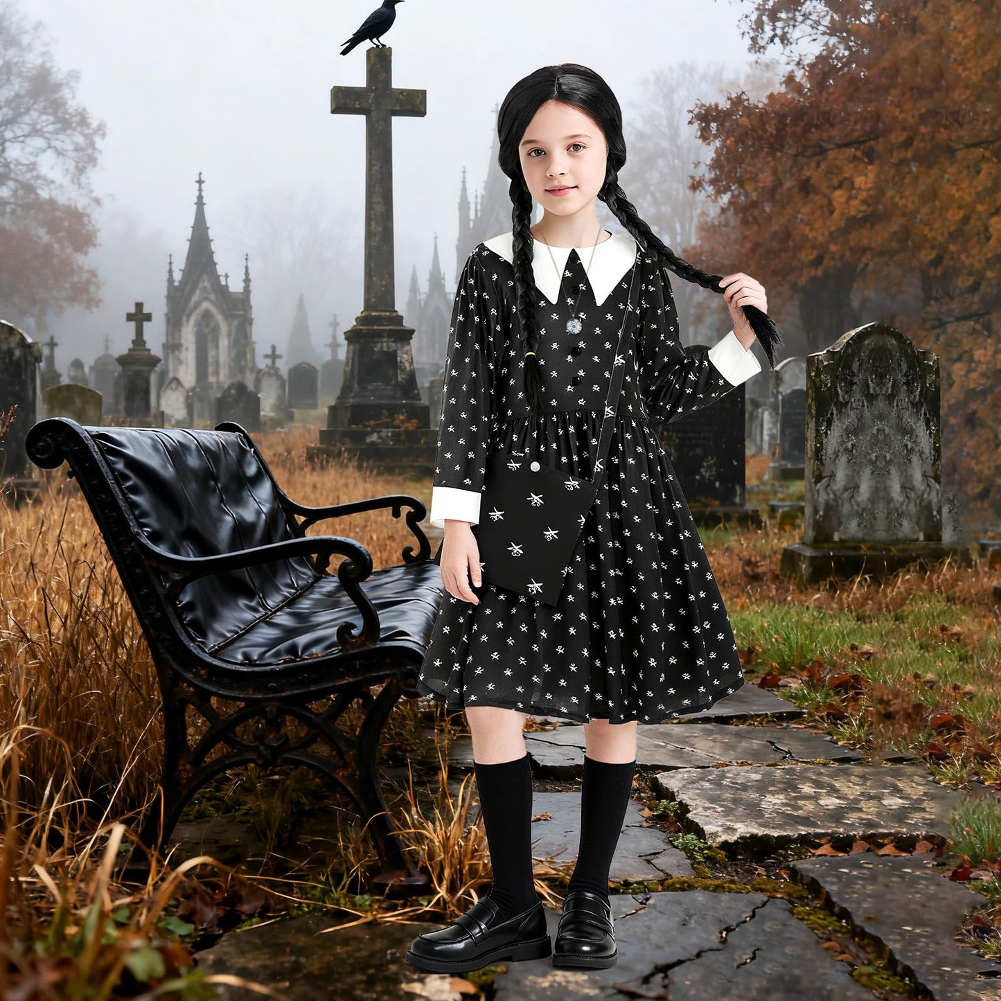 Dacnod Gothic Black Dress Black Princess Costume Dress Girls Gothic School Fancy Dress with Accessories for Carnival Halloween Cosplay Party