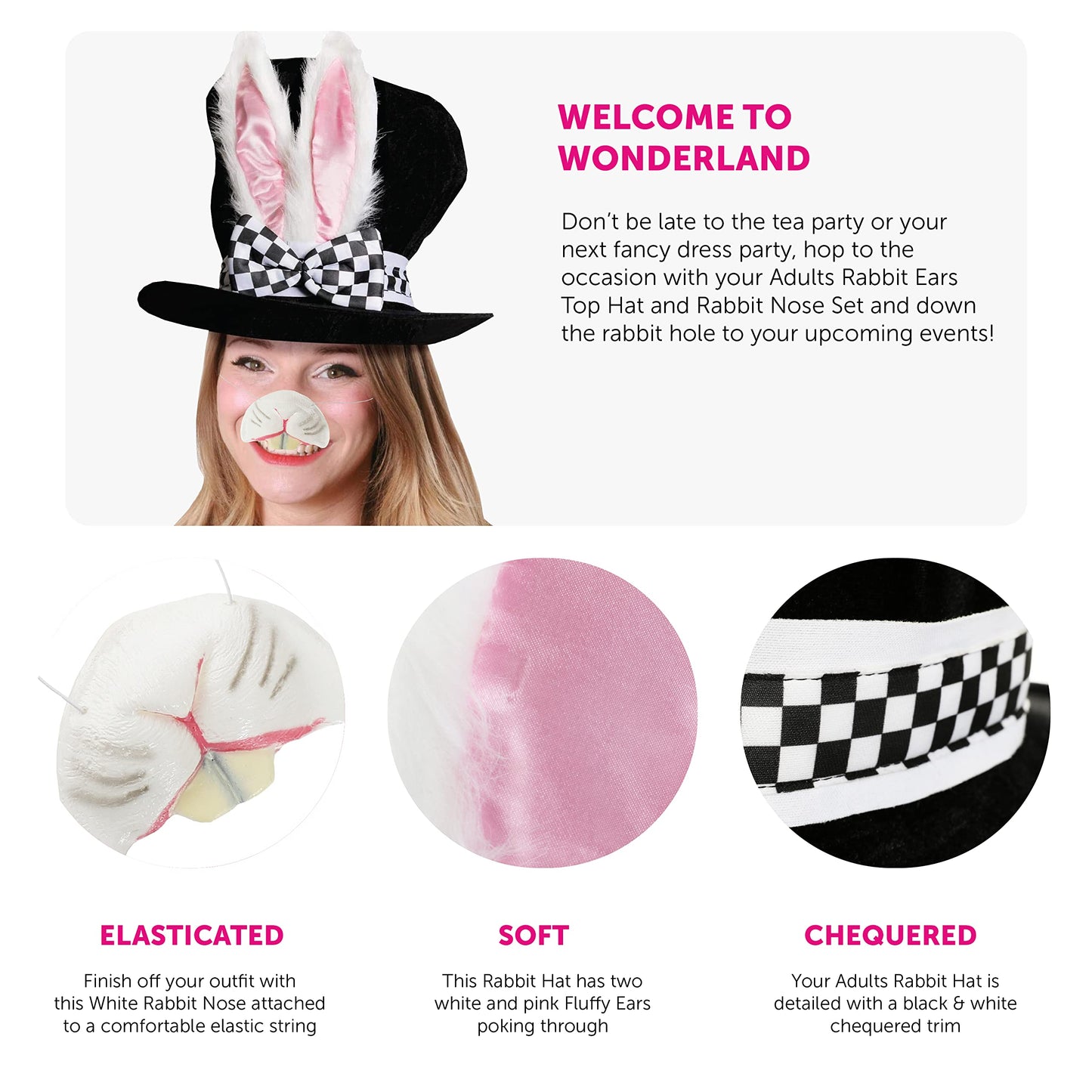 Adults Deluxe Wonderland Rabbit Hat With Large Ears and Attached Bow + Rabbit Nose Perfect for School Book Week + World Book Day Fancy Dress Costume Accessory Black