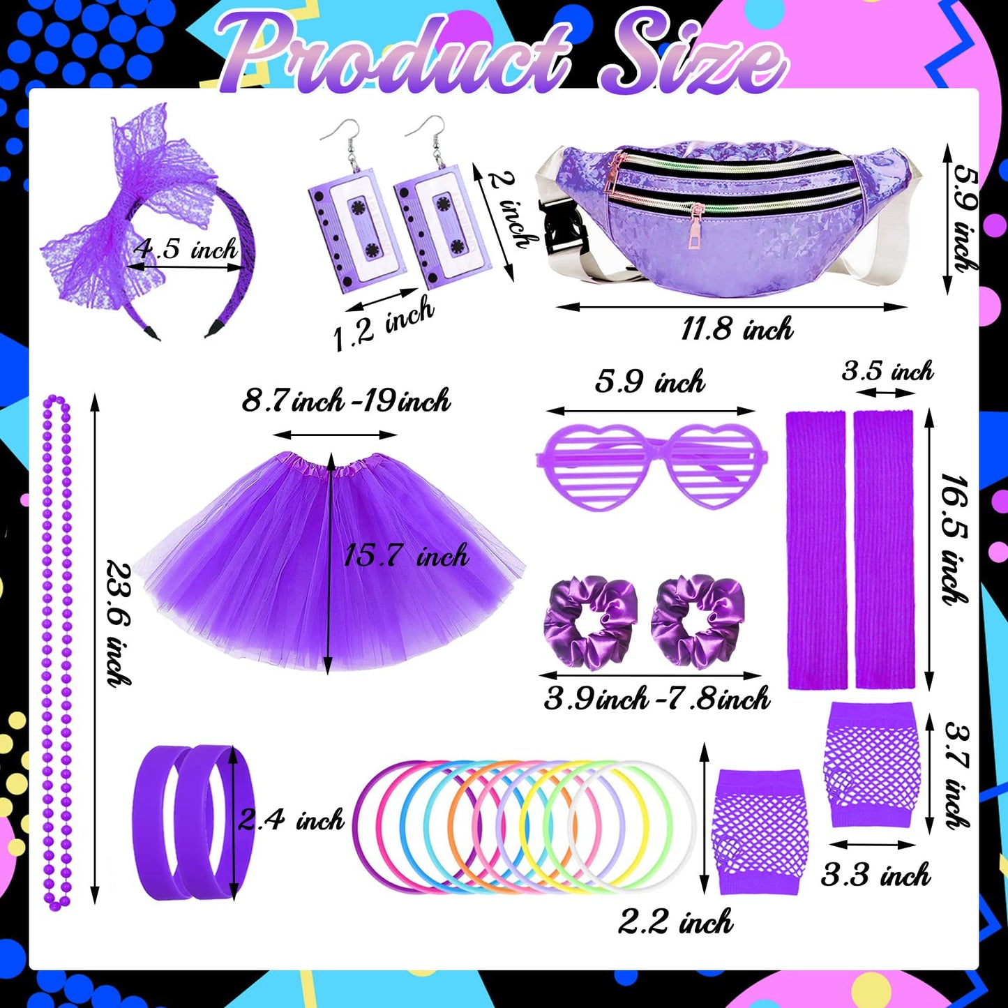 80s Costume Outfits Accessories Set for Women, 1980s Fancy Dress Party Kits with T-shirt Tutu Bumbag Headband Earring Necklace Fishnet Gloves Leg Warmers Glasses Bracelet Scrunchies for Women Dress up