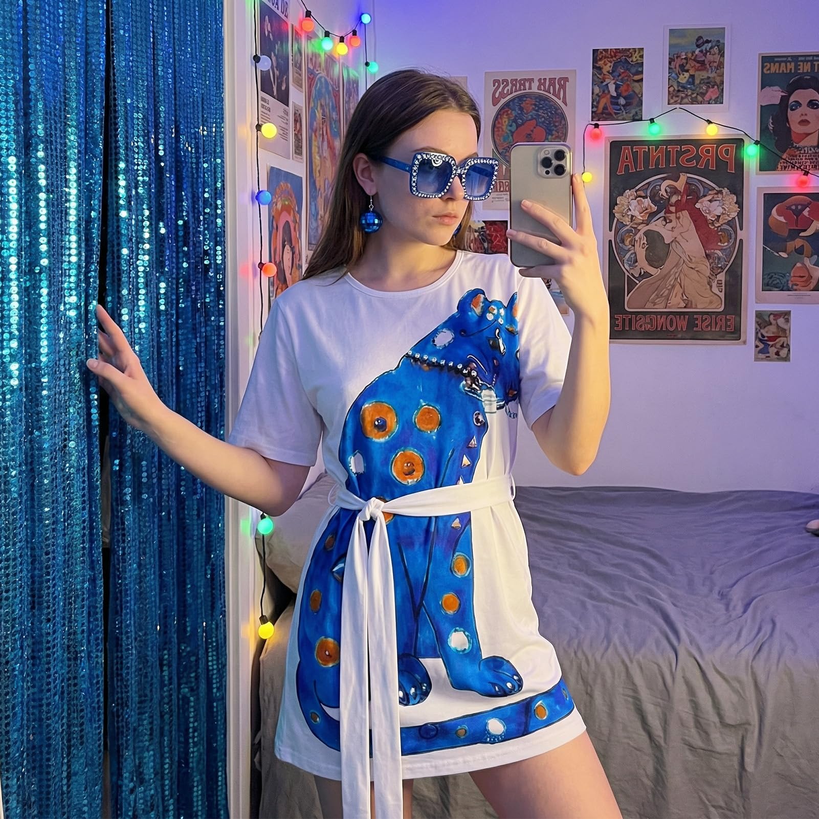 ABBA Costume for Women - 70s Disco Blue Panther Print Loose Dress (image 2)
