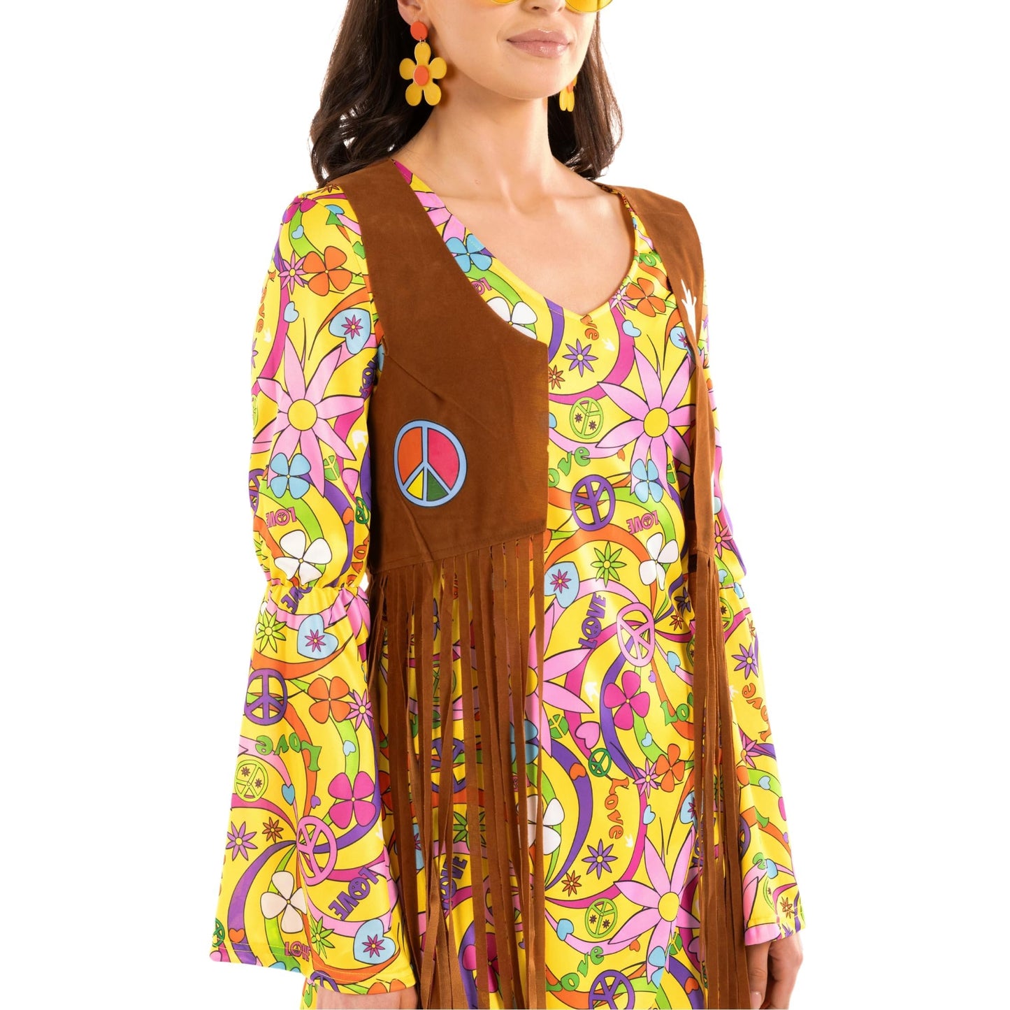 Morph Women's 70s Hippie Costume Yellow Dress With Separate Faux-Suede Vest And Headtie, Adult, Female, Plus Size, Halloween, Carnival