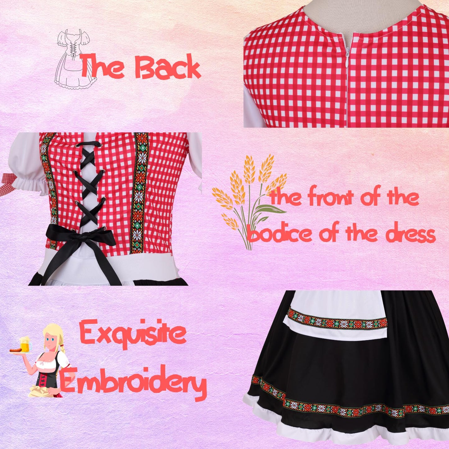 HAPNBCELE Oktoberfest Costume for Womens, German Dirndl Plaid Dress Traditional Beer Festival Bavarian Carnival Halloween (Red Plaid, Large)