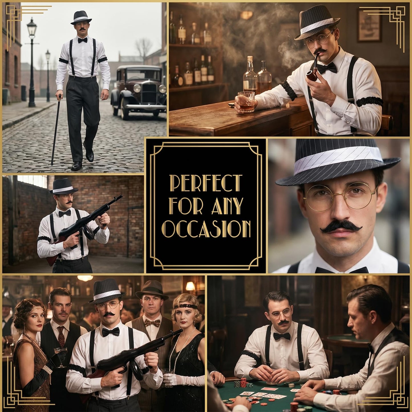 1920s Accessories for Men, Great Gatsby Fancy Dress Set with Fedora Hat Suspenders Bow Tie Fake Beards Glasses Inflatable Gun Folding Cane for Roaring 20s Gangster Costume for Party (Black Stripes)
