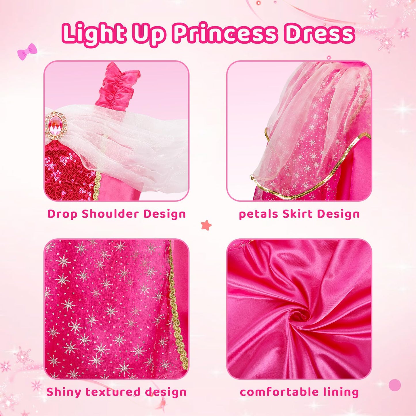 MELAND Princess Costumes for Girls, Sleeping Light Up Princess Dress Up for Girls Age 3-10 Years, Rose Pink Fancy Dress for Kids & Toddlers Birthday Party Costumes (M)