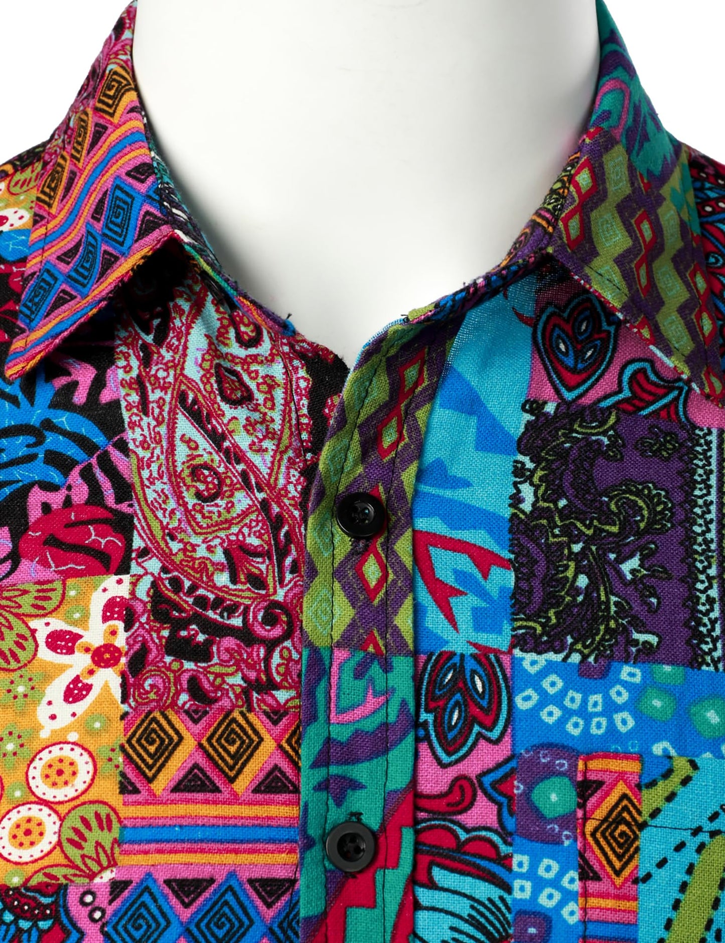 PARKLEES Men's Linen 70s Hippie Style Floral Print Shirt Short Sleeve Button Down Hawaiian Shirts Blue Pink Large