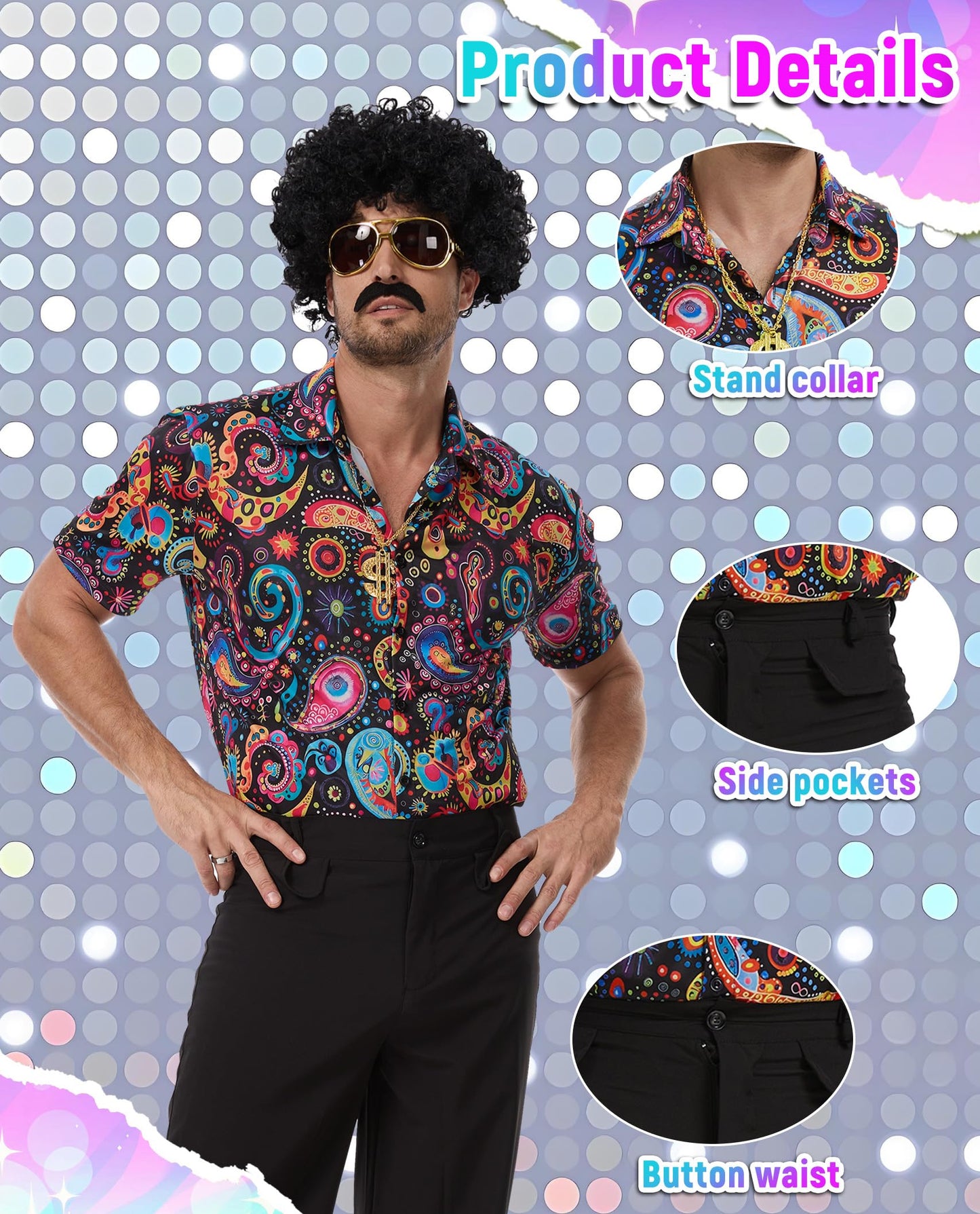 PQCXXA Men's 70s Disco Costume Set - Gold Sequin Shirt & Black Flared Trousers with Dollar Necklace, Sunglasses, Afro Wig & Moustache - Retro 1970s Fancy Dress Outfit for Men (Flower, XL)