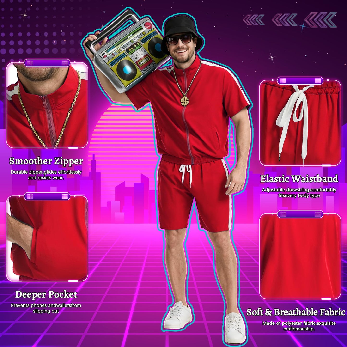 Crubelon 80s 90s Hip Hop Costume Set for Men, Rapper Tracksuit Outfit with Accessories, Retro Street Dance Party Fancy Dress, Stand Collar Jogging Suit (Rot, XXL)