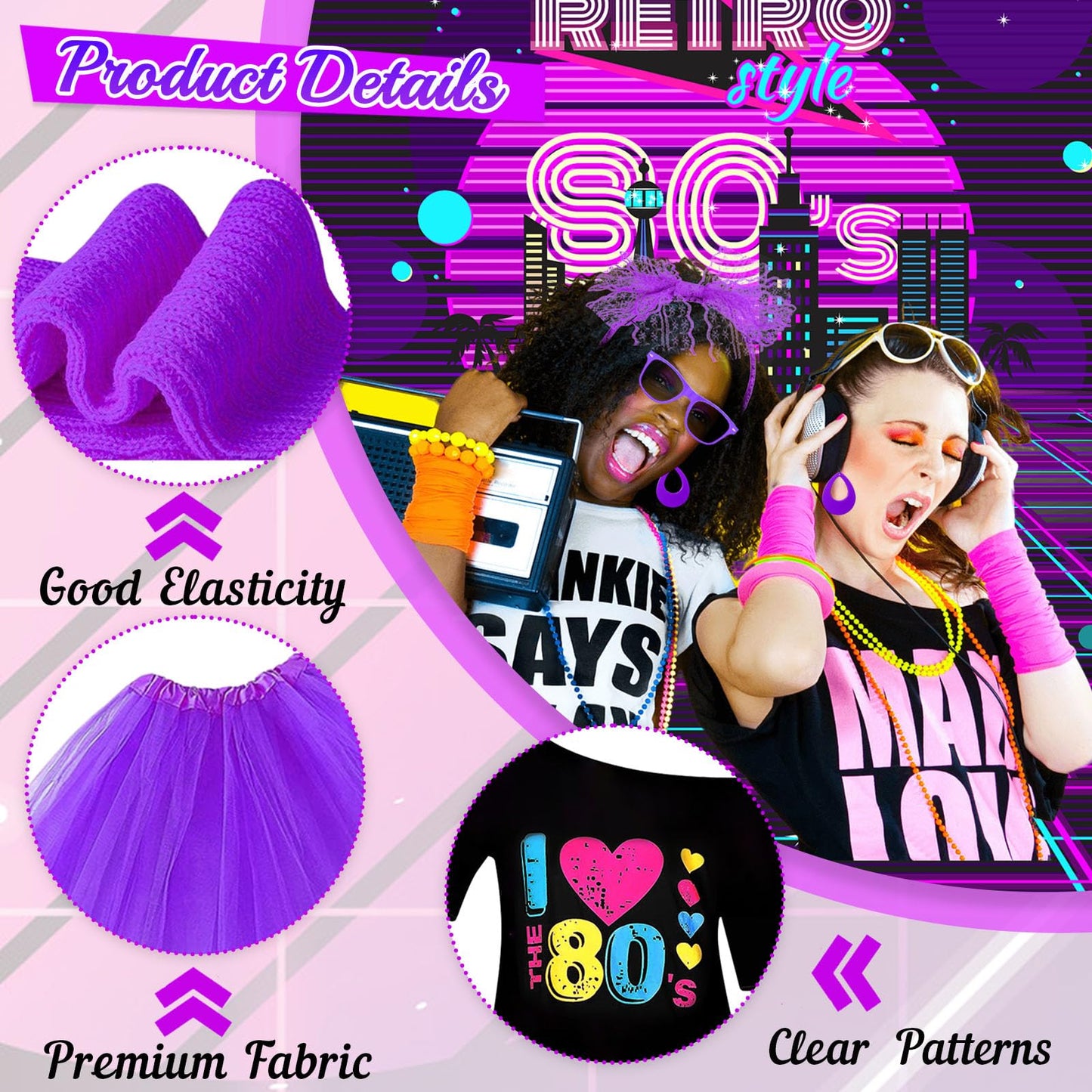 80s Costume Accessories Set for Women, 1980s Neon Party Kit with T-shirt Tutu Skirt Headband Earring Necklace Glasses Bracelet Fishnet Gloves Leg Warmers for 80s Retro Party Dress up (Purple, M)