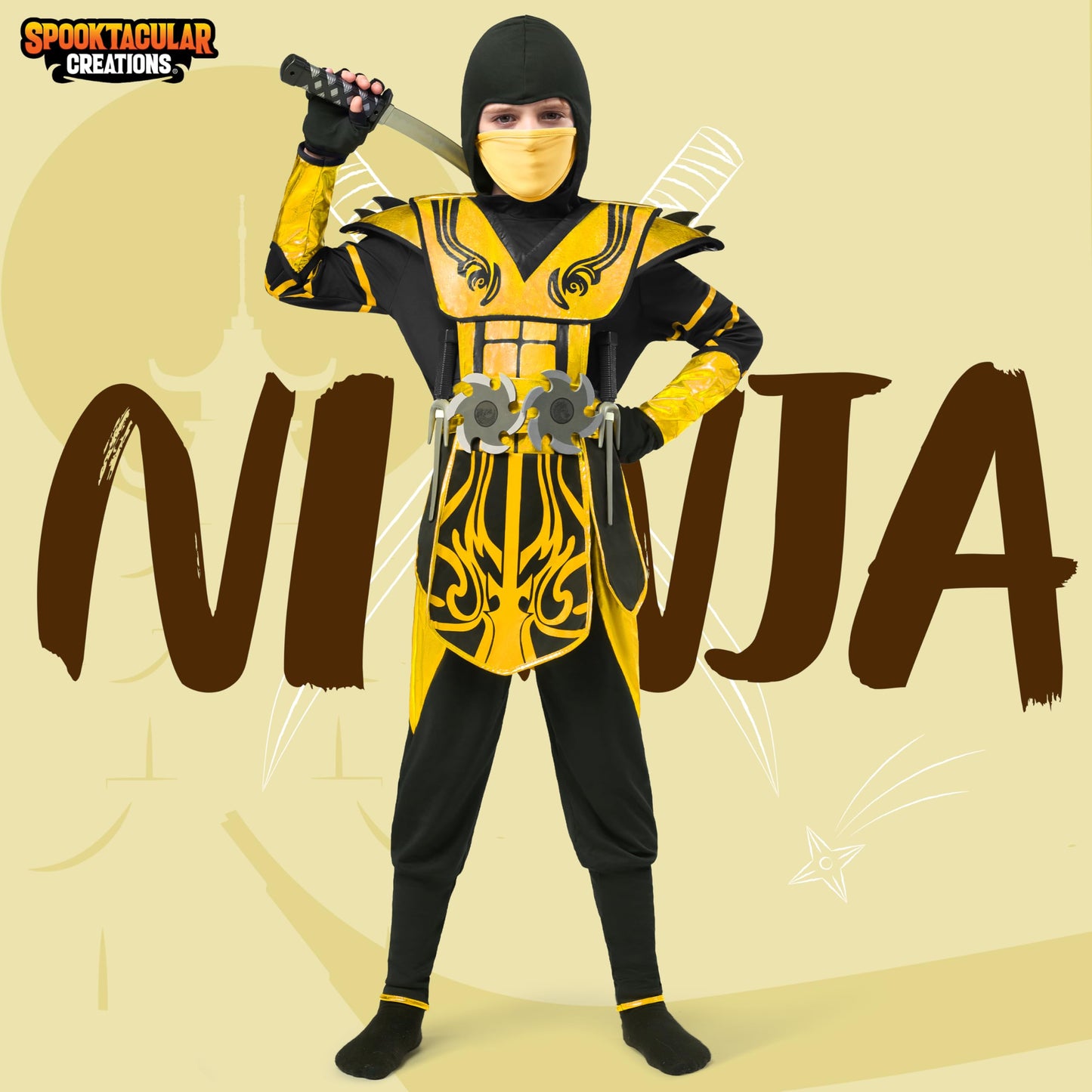 Spooktacular Creations Halloween dress up for Child Boy Golden Ninja costume (Large (10-12 yrs))
