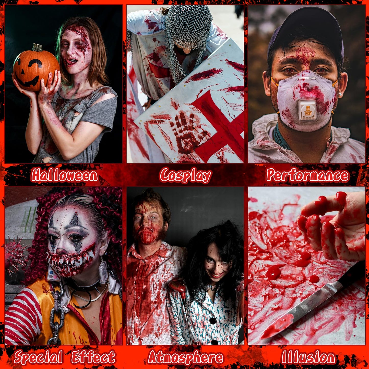 TonJin Halloween Fake Blood Makeup Kit, 3PCS Realistic Washable Costume Blood Set (1.69oz Spray + 1.69oz Dripping + 1.01oz Coagulated ) for Zombie Vampire SFX, Dark Coagulated & Fresh Blood Effects
