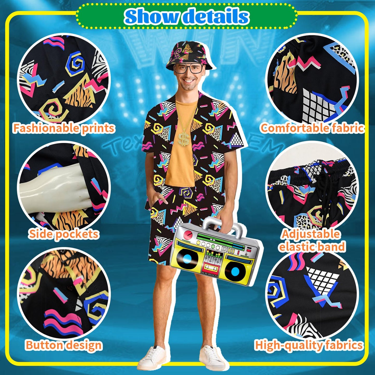 80s Hip Hop Outfit for Adults, Retro Sportswear Shirt & Short Set Includes Hat, Glasses, Necklace, Dollar Ring, Bracelet, Inflatable Radio, Beach Tracksuit for 80s Themed Party, Halloween, Carnival