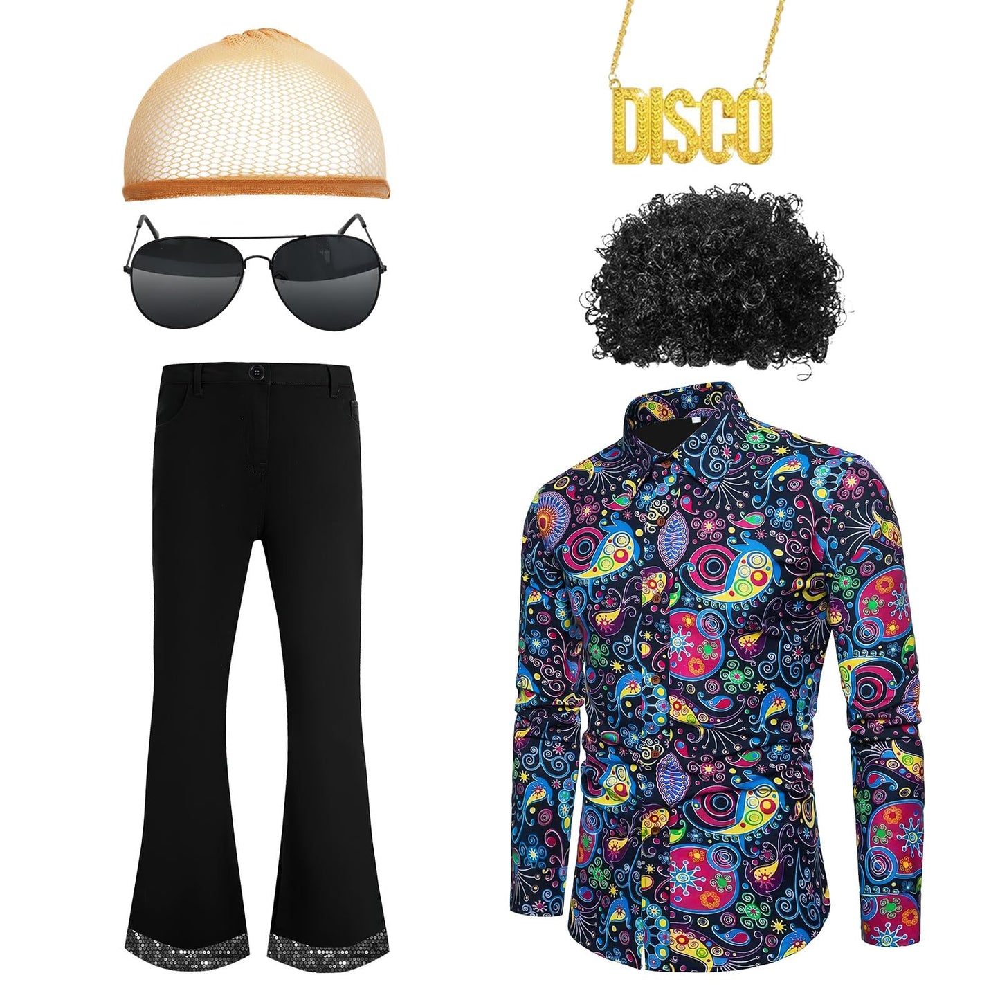 Malloom 70s Fancy Dress Mens, 6 Pcs Disco Hippie Costume Set with Printed Shirt, Flare Pants & Retro Accessories, 60s 70s Theme Party Outfit for Adults (XL)