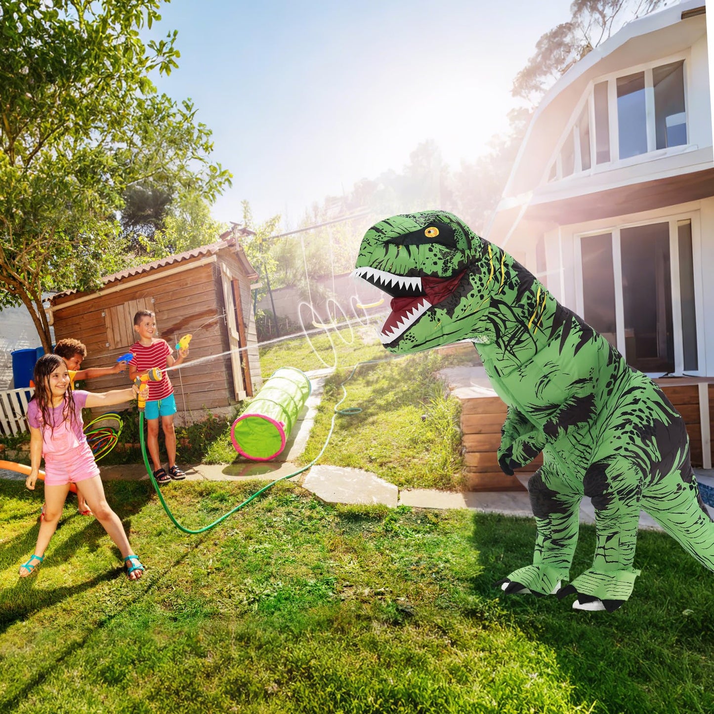 Poptrend Inflatable Dinosaur Costume for Adult Kids, T-Rex Dinosaur Costumes Funny Halloween Dinosaur Costume Party Cosplay Fancy Dress Men Women Party (Green Teenagers)
