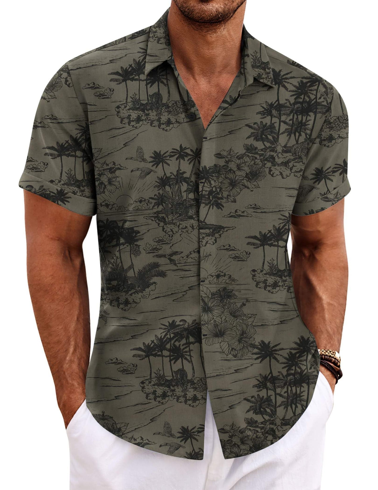 Men Hawaiian Shirt Summer Short Sleeve Casual Flowers Tropical