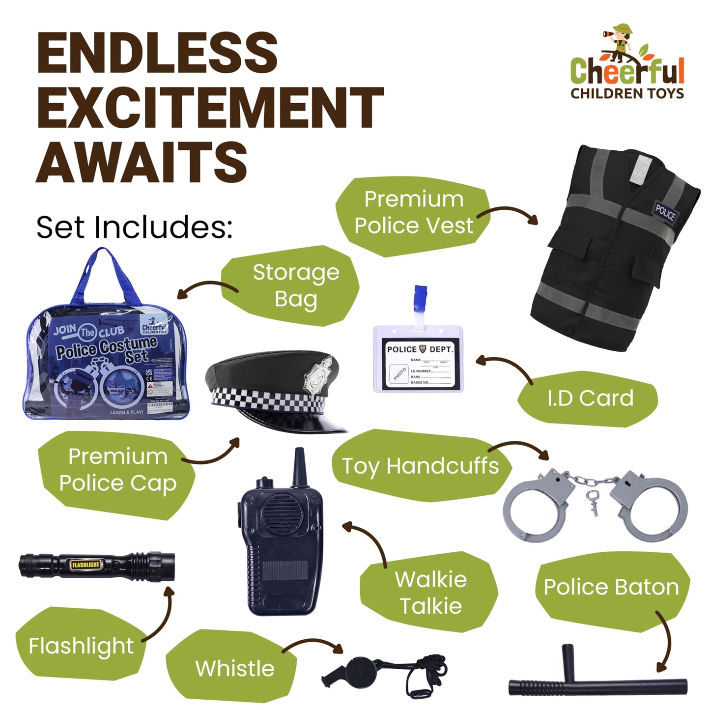 Police Costume Kids Ages 3-7, Complete Officer Set with Hat, Vest, Trousers & Siren Sound Walkie Talkie, Fancy Dress Roleplay Outfit for Halloween & Parties (Black Police Costume without Trousers)