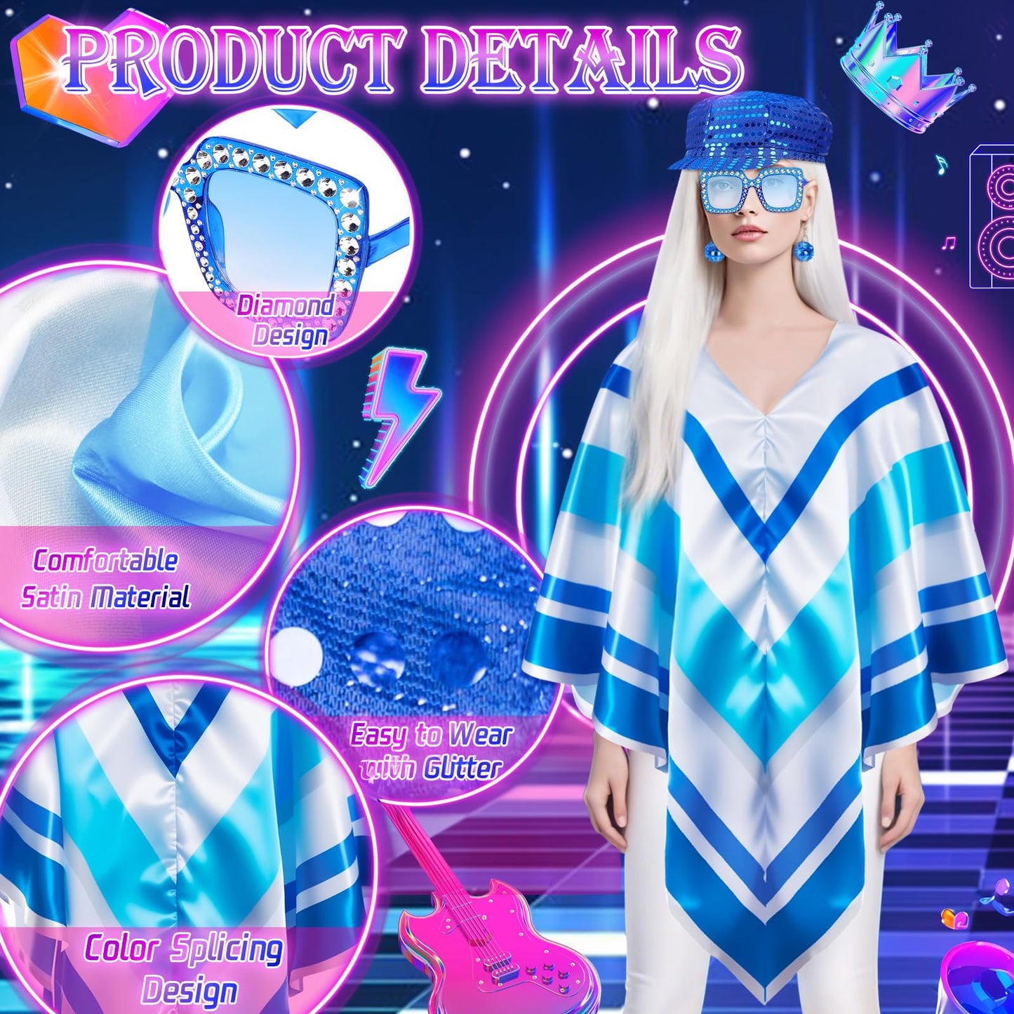 Kyndara 5Pcs Abba Fancy Dress Costume for Women, 1970s Disco Accessories Set with Disco Poncho Hat Wig Earrings Glasses for Adults Retro 70 Theme Party Dance