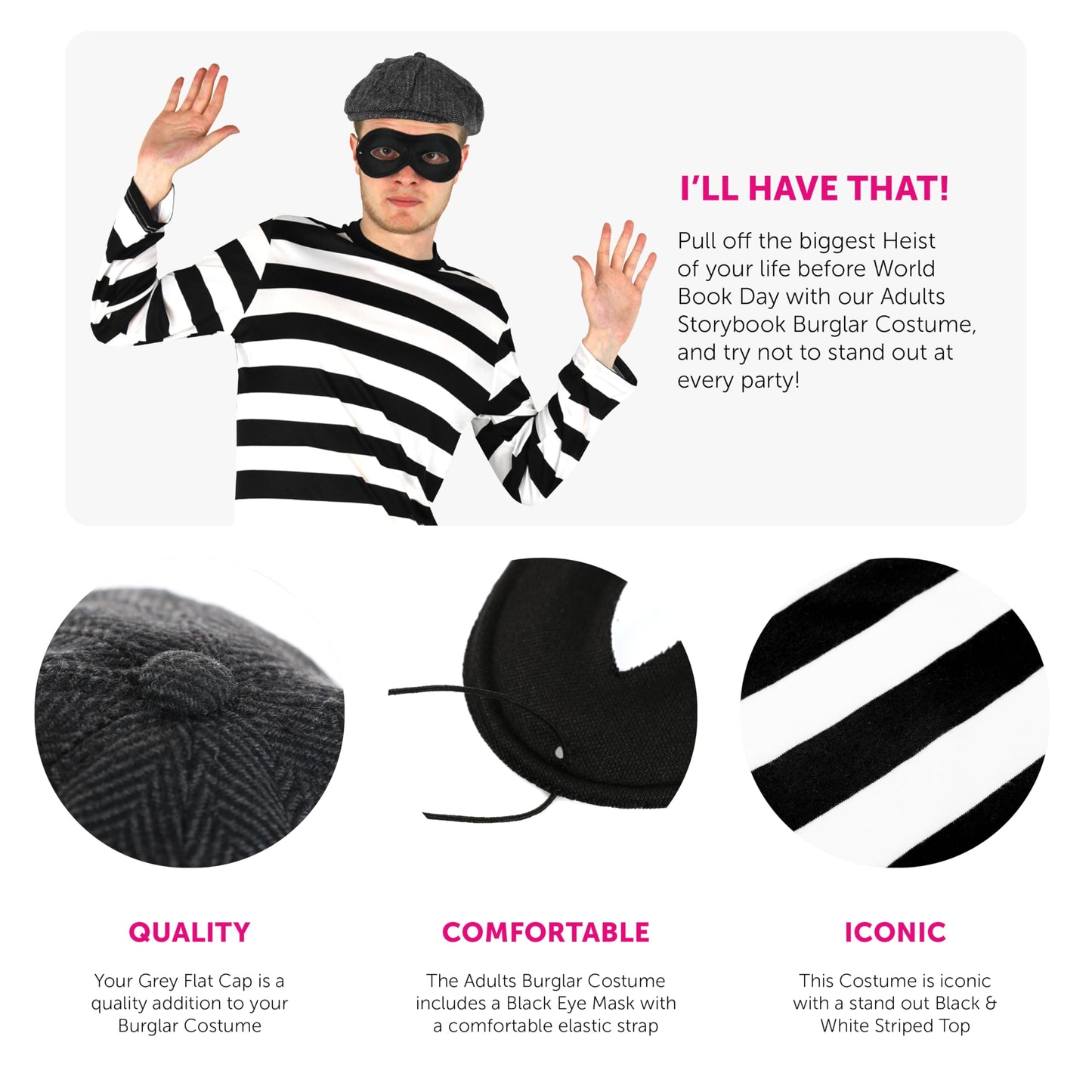 Adult Burglar Fancy Dress Costume - Small - Long-Sleeved Black & White Striped T-Shirt, Black Eye Mask, Flat Cap - Mens Ladies World Book Day Fancy Dress Costume