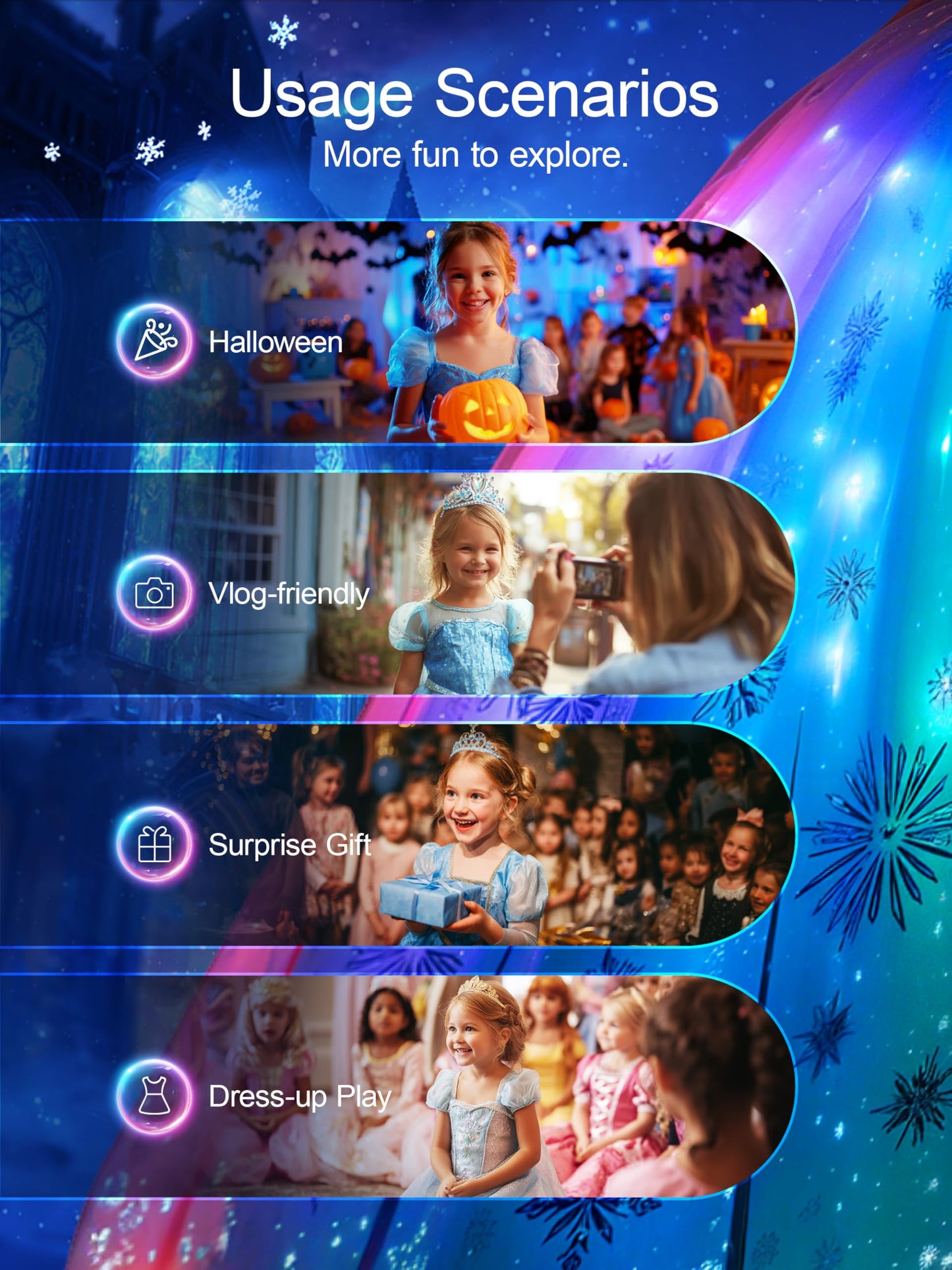 BLINGCOS Princess Costumes for Girls with RGB LED Lights, Princess Dress Up Clothes Music Sync & App Control, Girls Dress Up for Halloween, Christmas, World Book Day, 110