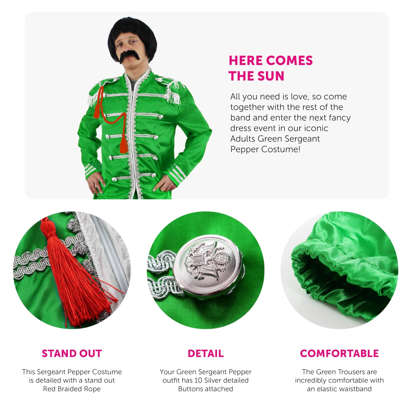 Adults Pop Sergeant Costume - Large - Green Jacket with Silver Braiding and Green Trousers - 60s Music Themed Fancy Dress Costume