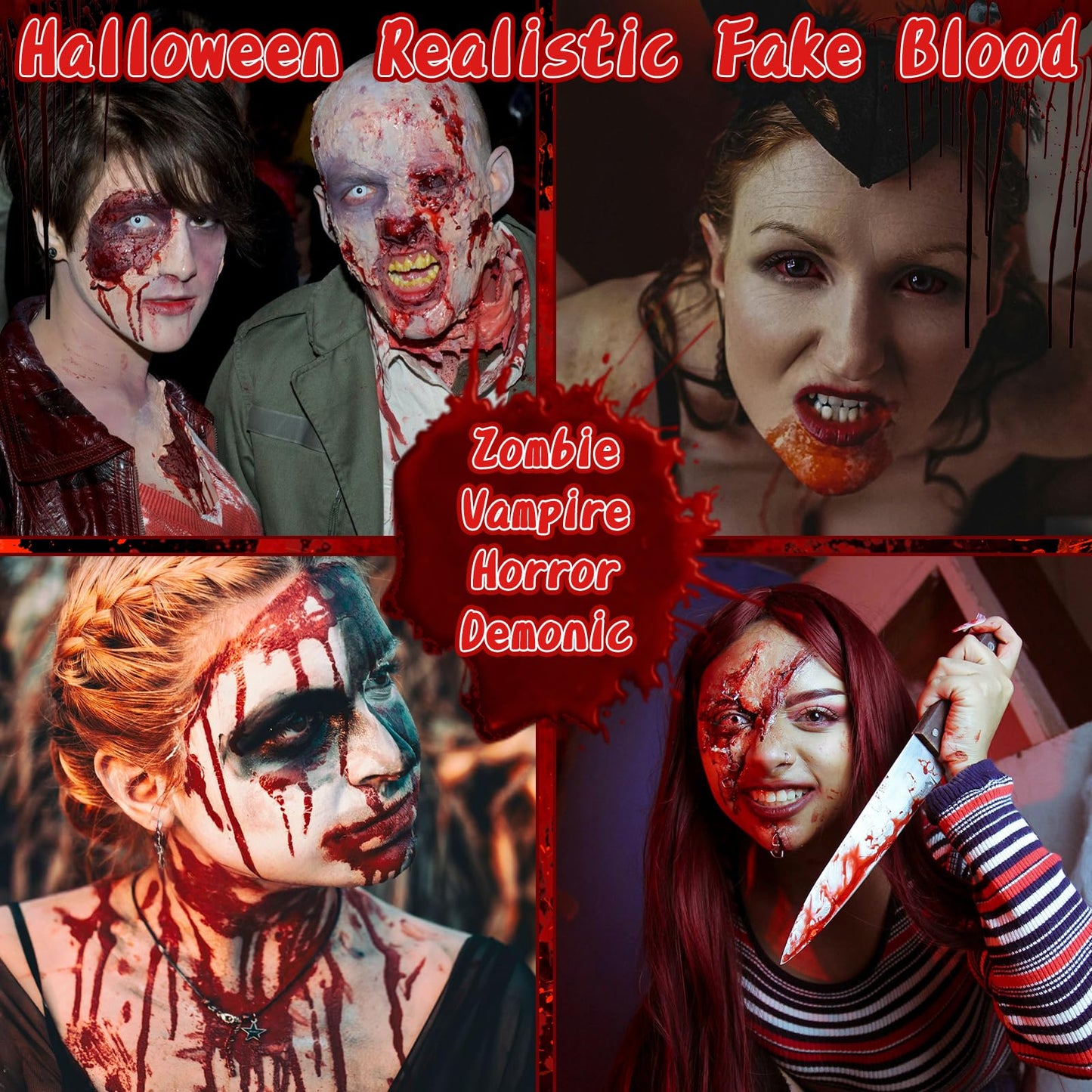 TonJin Halloween Fake Blood Makeup Kit, 3PCS Realistic Washable Costume Blood Set (1.69oz Spray + 1.69oz Dripping + 1.01oz Coagulated ) for Zombie Vampire SFX, Dark Coagulated & Fresh Blood Effects
