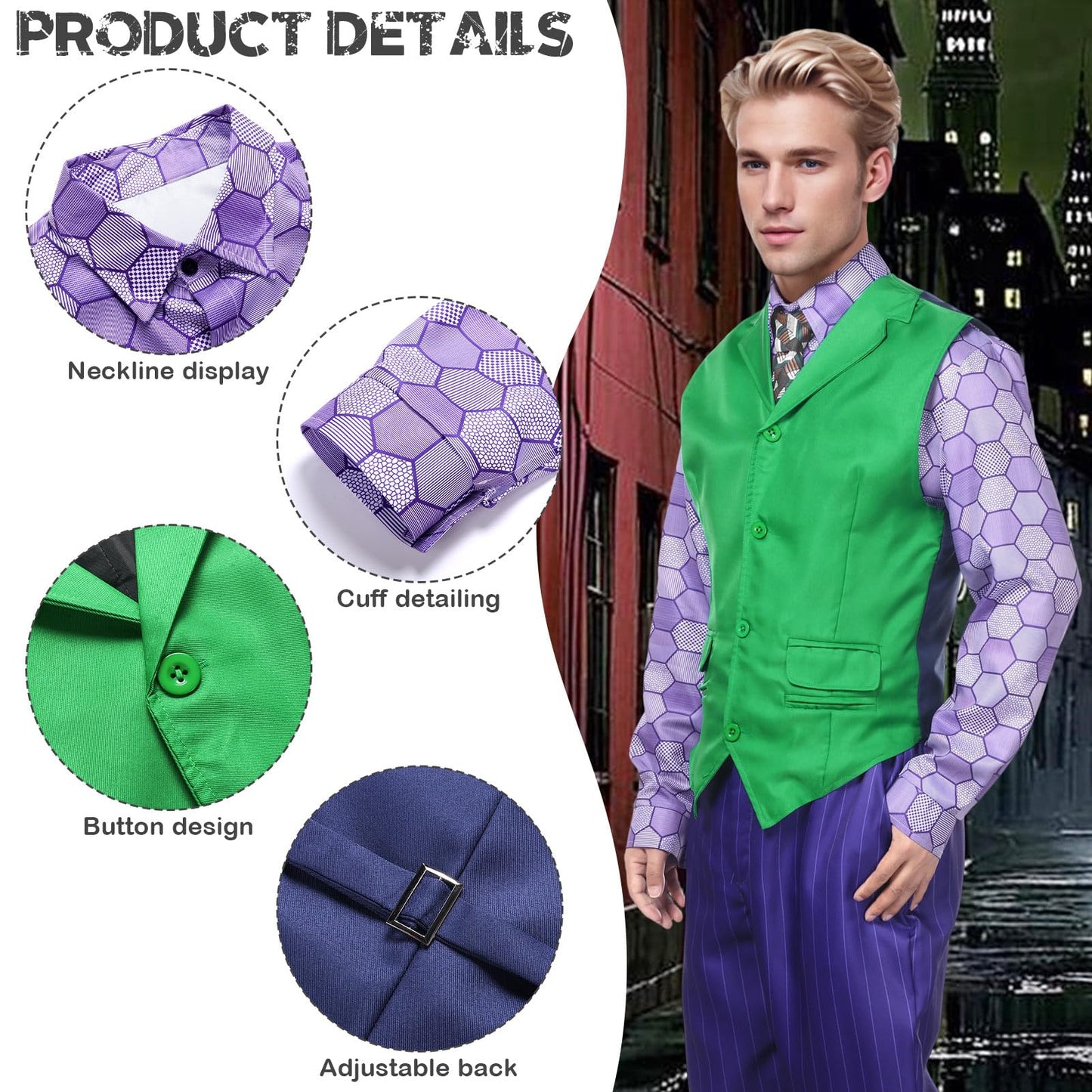 Alaiyaky Adult Men Joker Costume Shirt Vest Tie Outfit Suit Set Halloween Cosplay Dress Up Props (Style A, XXL)
