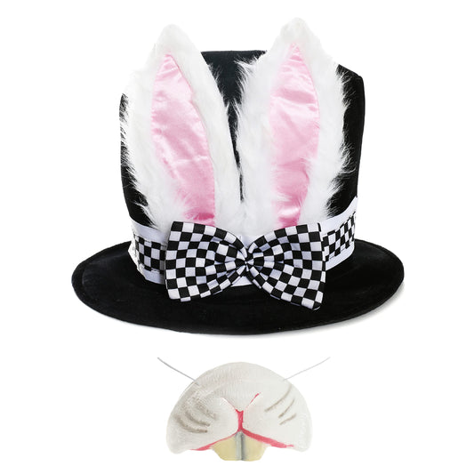 Adults Deluxe Wonderland Rabbit Hat With Large Ears and Attached Bow + Rabbit Nose Perfect for School Book Week + World Book Day Fancy Dress Costume Accessory Black