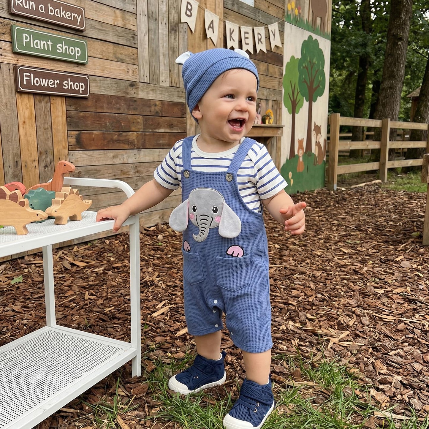 Vioyavo Newborn Baby Boy 3Pcs Summer Outfit Striped Short Sleeve Romper Top Elephant/Dinosaur Pattern Overall Pants Hat Clothes Set (Blue, 0-3 Months)