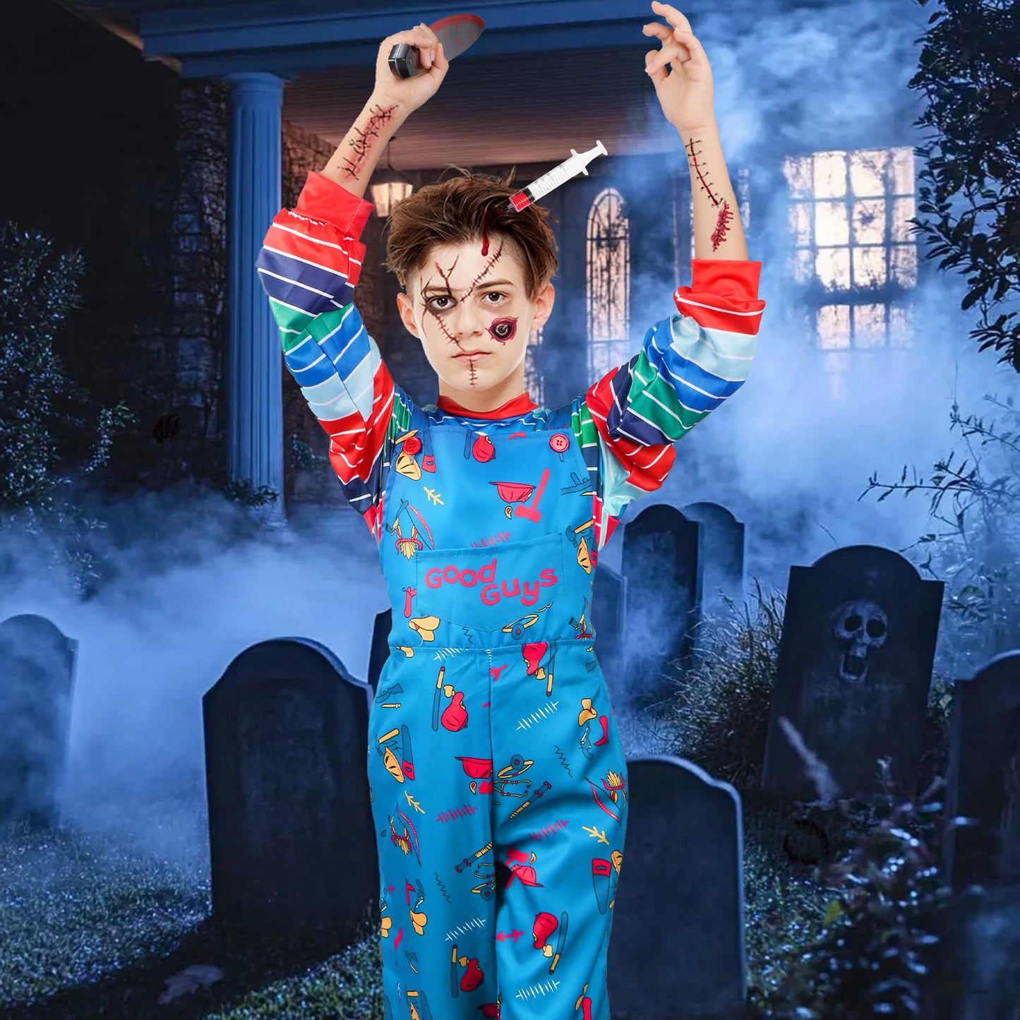 viallolipa Halloween Costume Kids, Creepy Doll Costume for Boys Girls, Killer Doll Movie Character Costume with Simulated Knife Hair Band Tattoo Sticker Props for Cosplay